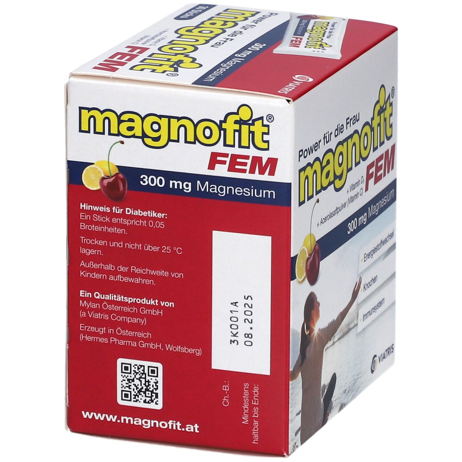 Verpackung von Magnofit FEM Direktgranulat Sticks. Aufdruck: 300 mg Magnesium. Hinweis für Diabetiker. Mindestens haltbar bis 08.2025.