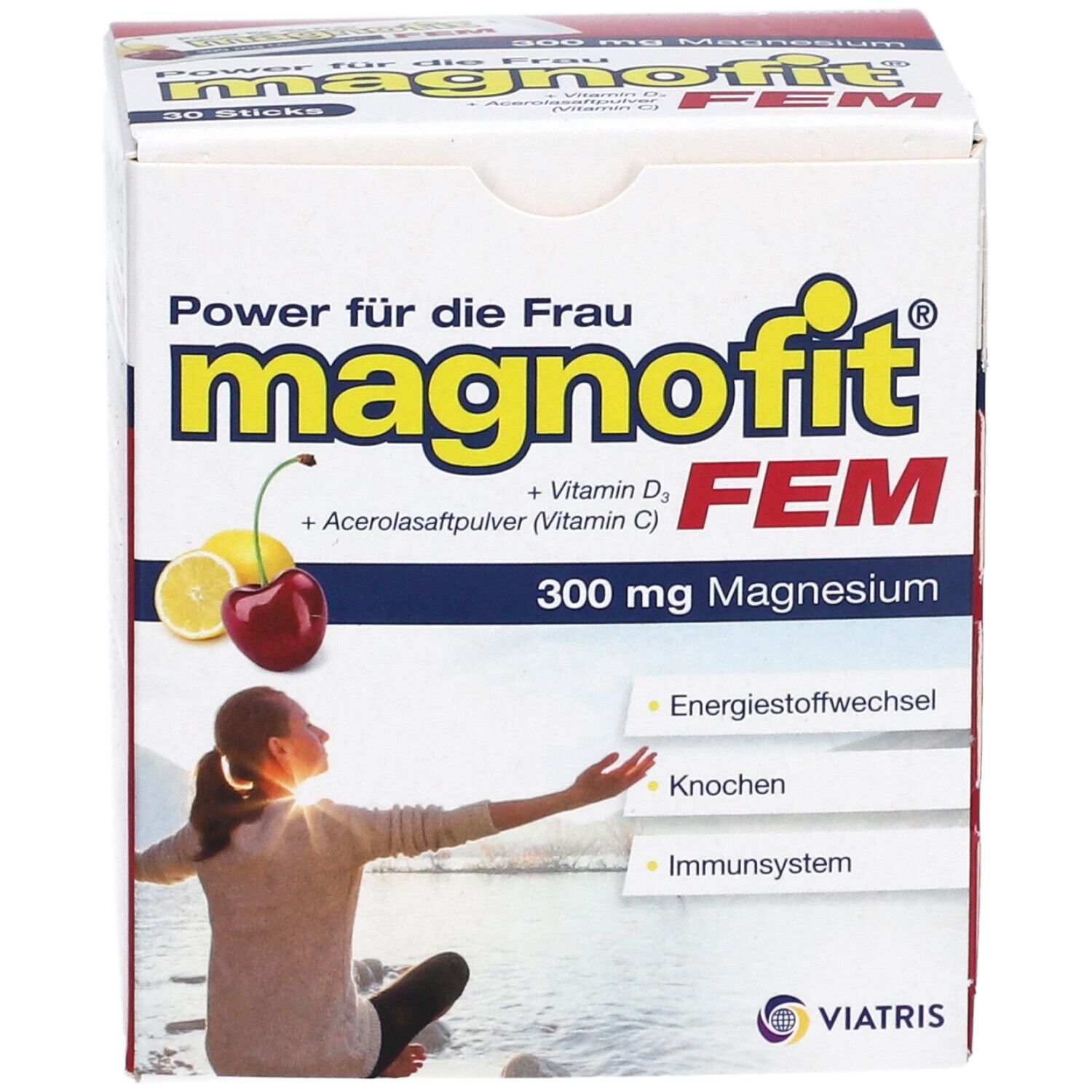 Verpackung von Magnofit FEM Direktgranulat Sticks. Aufdruck: 300 mg Magnesium, Vitamin D3, Vitamin C. 30 Sticks.