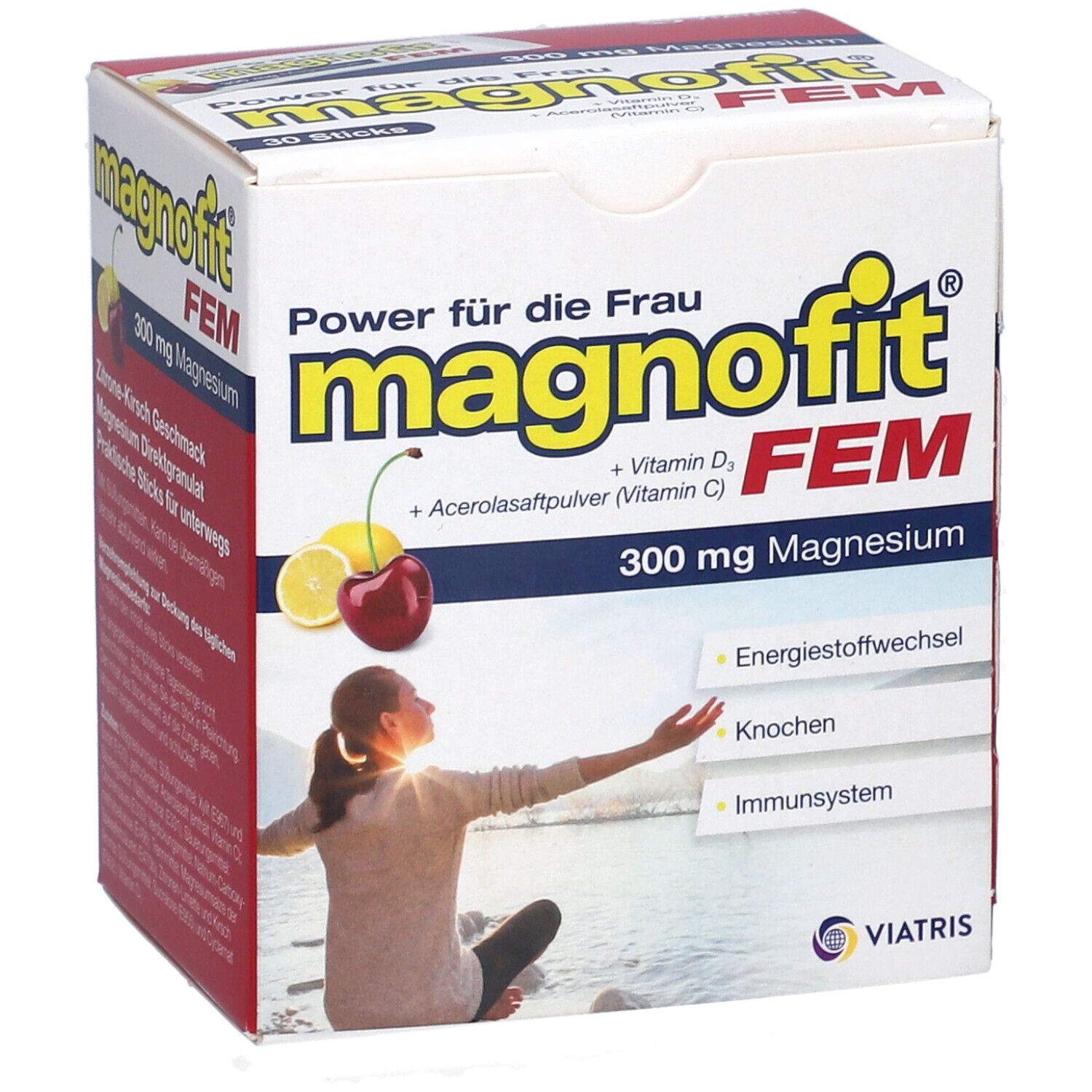 Verpackung von Magnofit FEM Direktgranulat Sticks. Aufdruck: 300 mg Magnesium, Vitamin D3, Vitamin C. 30 Sticks. Viatris Logo.