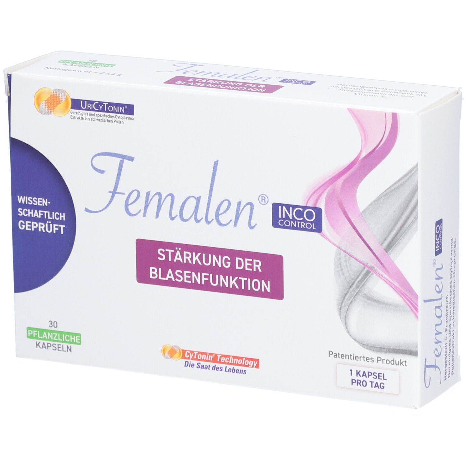 Femalen IncoControl-Verpackung. Weiß, mit lila und rosa Akzenten. Text: Stärkung der Blasenfunktion, 30 Kapseln.