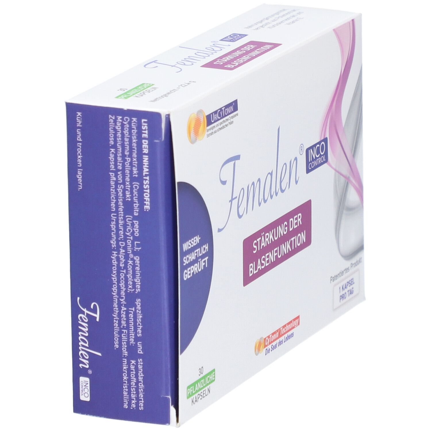 Femalen IncoControl-Verpackung, schräg. Weiß, mit lila und rosa Akzenten. Text: Stärkung der Blasenfunktion, 30 Kapseln.