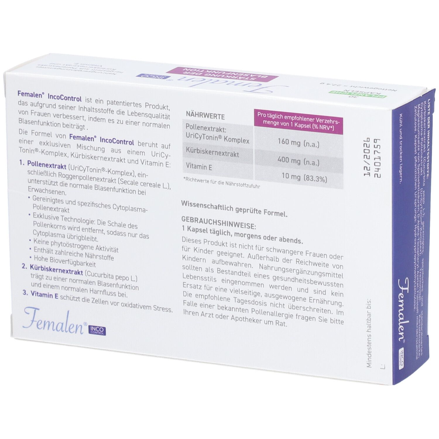 Rückseite der Femalen IncoControl-Verpackung. Weiß, mit Text und Inhaltsangaben. Text: Wissenschaftlich geprüft, 1 Kapsel pro Tag.