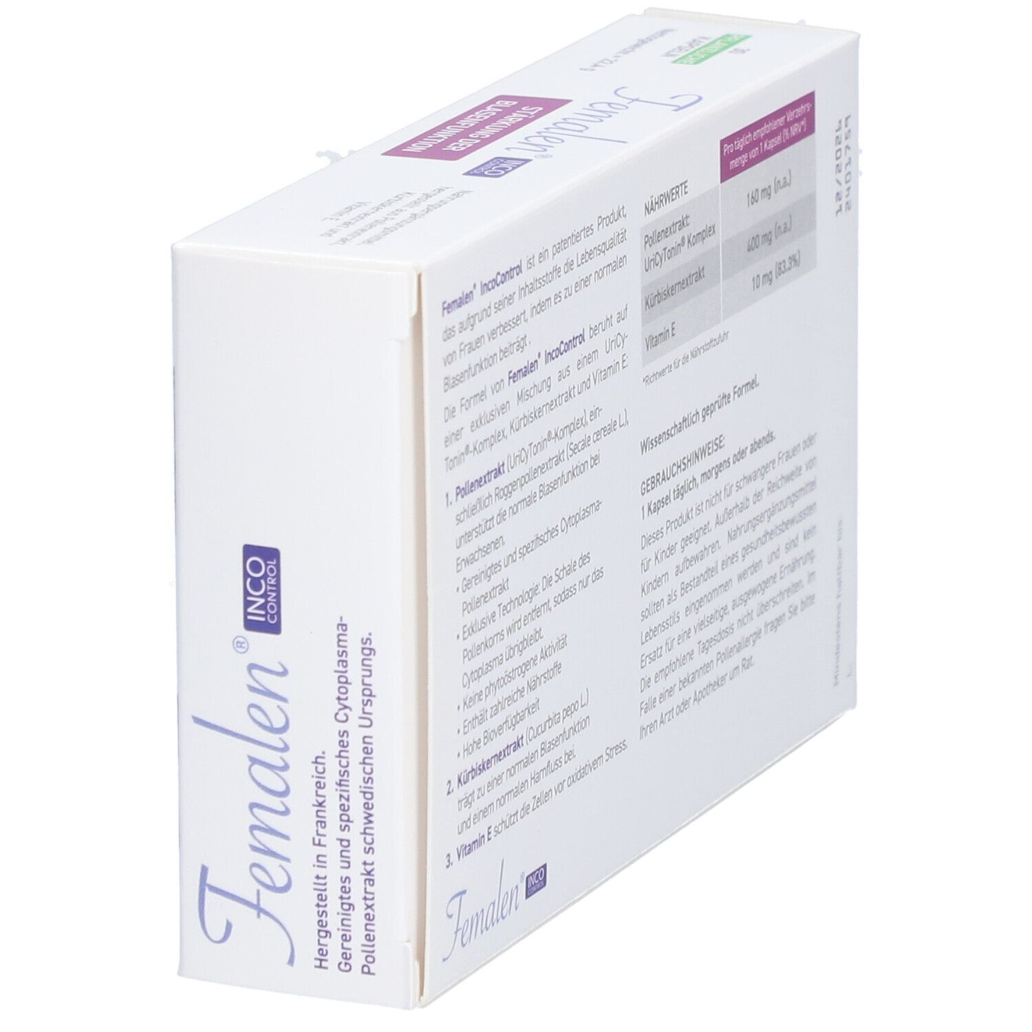 Femalen IncoControl-Verpackung, schräg. Weiß, mit Text und Inhaltsangaben. Text: Wissenschaftlich geprüft, 1 Kapsel pro Tag.