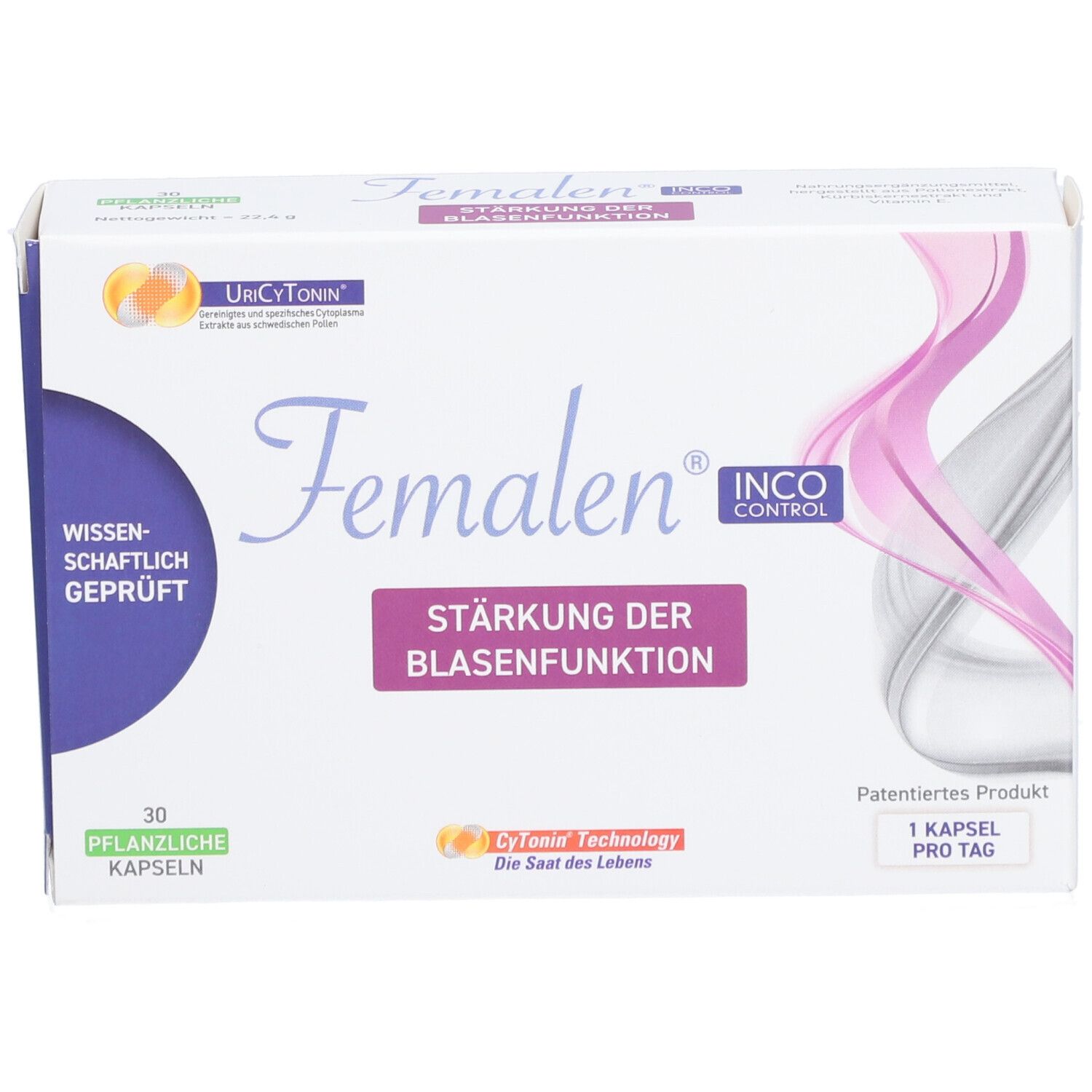 Femalen IncoControl-Verpackung. Weiß, mit lila und rosa Akzenten. Text: Stärkung der Blasenfunktion, 30 Kapseln, 1 Kapsel pro Tag.