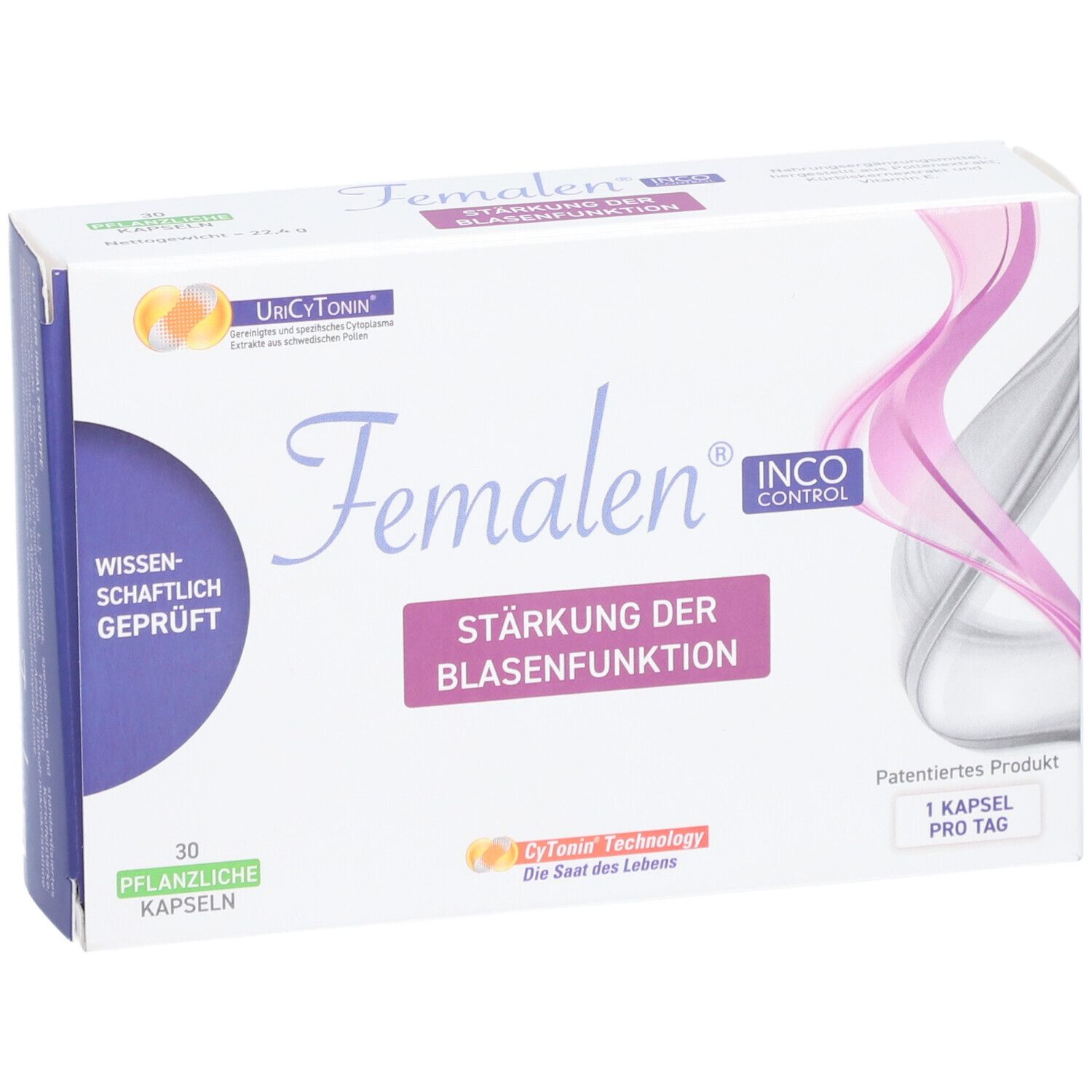 Femalen IncoControl-Verpackung. Weiß, mit lila und rosa Akzenten. Text: Stärkung der Blasenfunktion, 30 Kapseln, 1 Kapsel pro Tag.