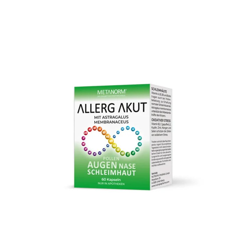 Grüne Schachtel mit der Aufschrift "ALLERG AKUT". Enthält 60 Kapseln.  "METANORM"-Logo oben.  Text: Augen, Nase, Schleimhaut.