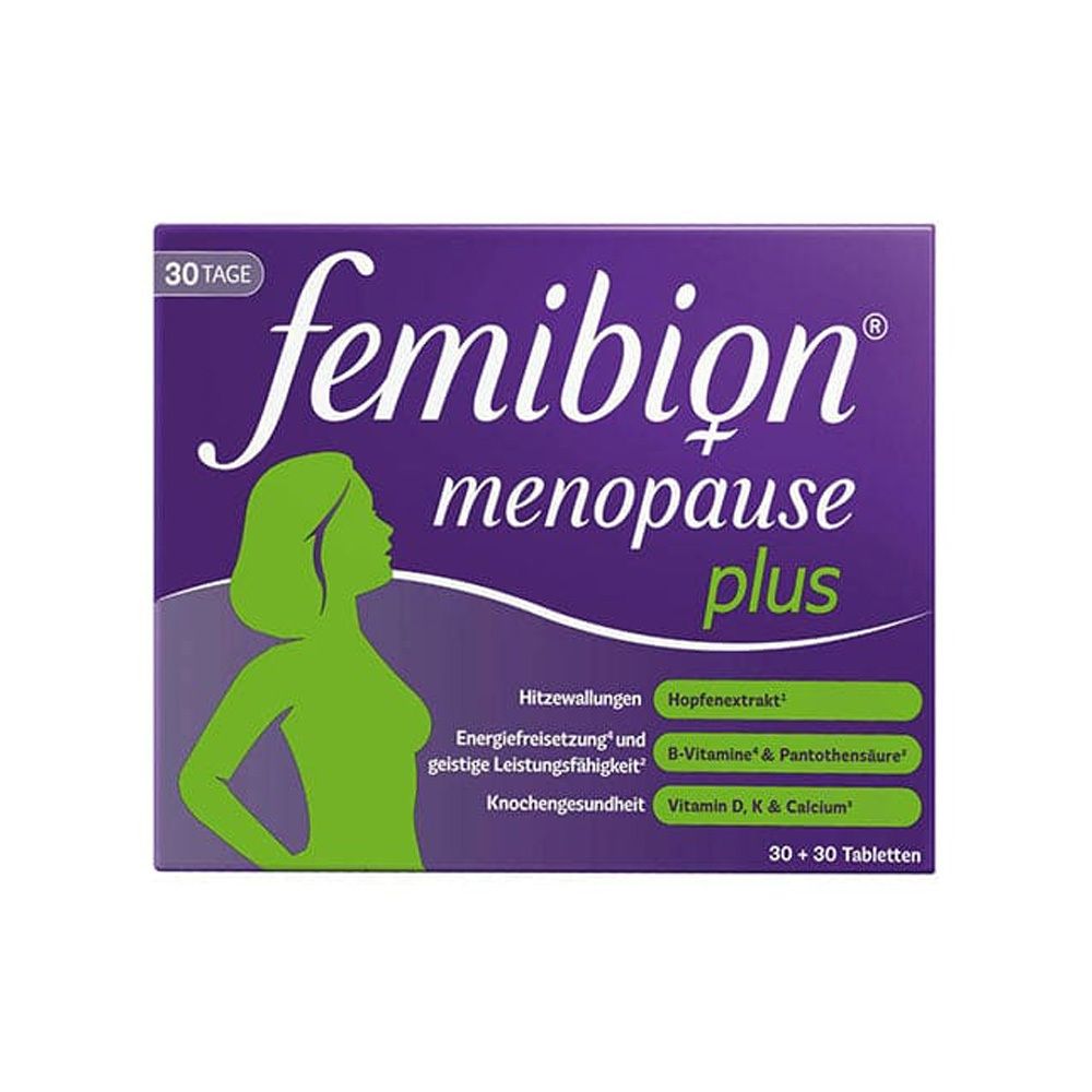 Femibion Menopause Plus Packung. Lila Schachtel mit grüner Silhouette einer Frau. Enthält 30 Tabletten.
