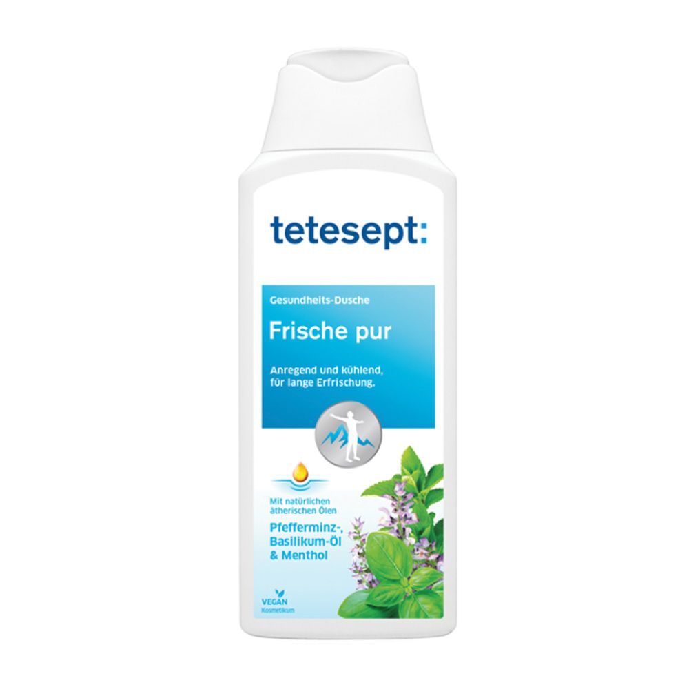 tetesept Frische pur Duschgel. Weiße Flasche mit blauem Etikett. Enthält Pfefferminz, Basilikum-Öl & Menthol. Vegan.