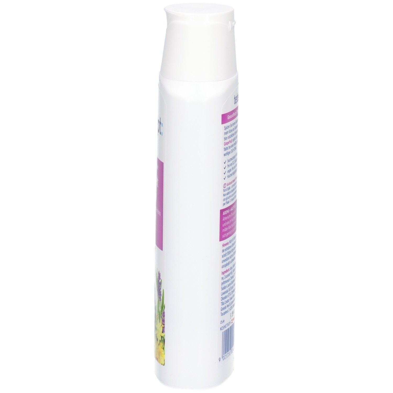 Seitenansicht der weißen tetesept® Gesundheits-Pflegedusche Gelassenheit Flasche.