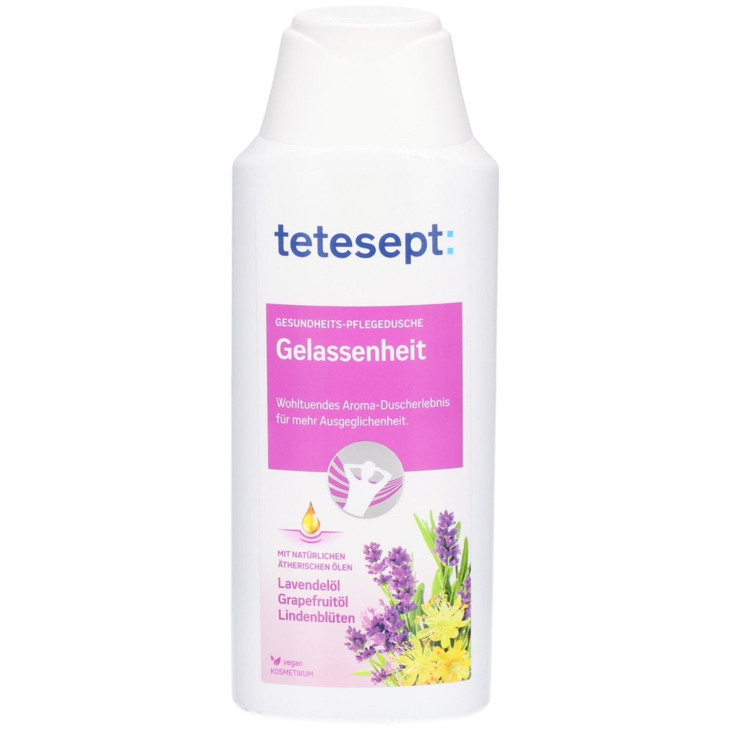 Weiße Flasche tetesept® Gesundheits-Pflegedusche Gelassenheit mit rosa Etikett und Lavendel-Motiv.