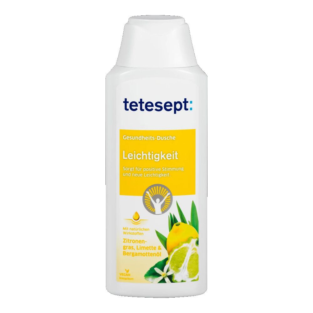 Weißes Fläschchen mit gelbem Etikett. Aufschrift: tetesept, Leichtigkeit, Zitrone, Limette & Bergamotteöl. Vegan.