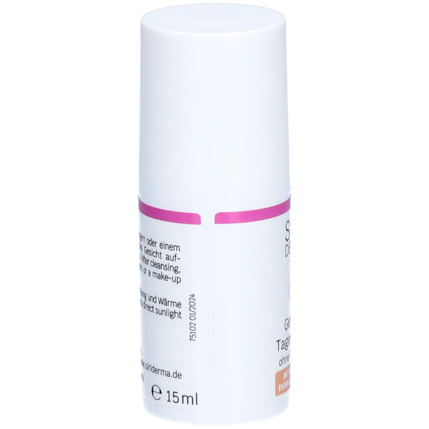 Weiße Flasche mit rosa Band. Aufschrift: SIRI DERMA FACE, Getönte Tagescreme, ohne Duftstoffe. Rückseite mit Text und 15ml.