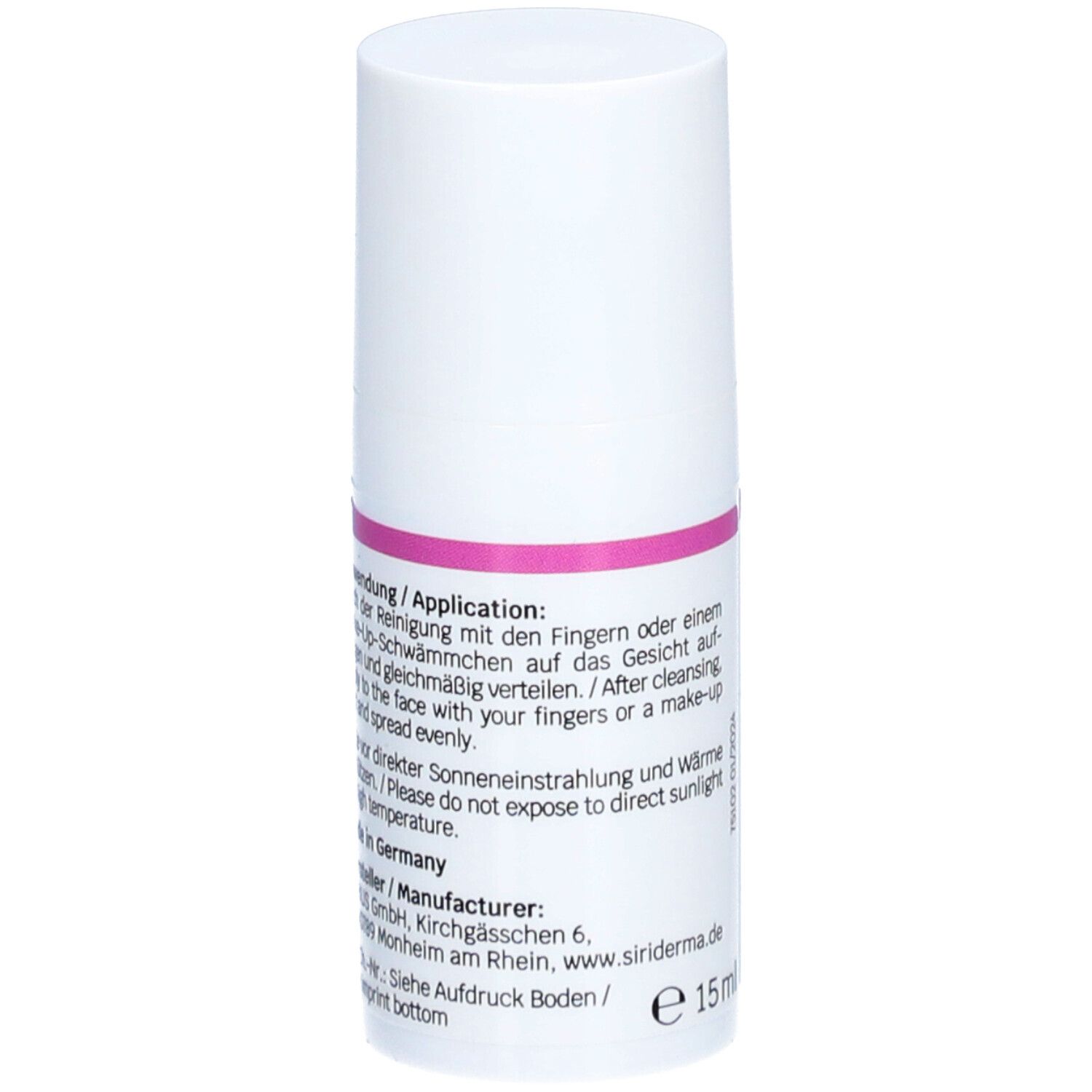 Weiße Flasche mit rosa Band. Rückseite mit Text, darunter Anwendungshinweise. Herstellerinformationen und 15ml.