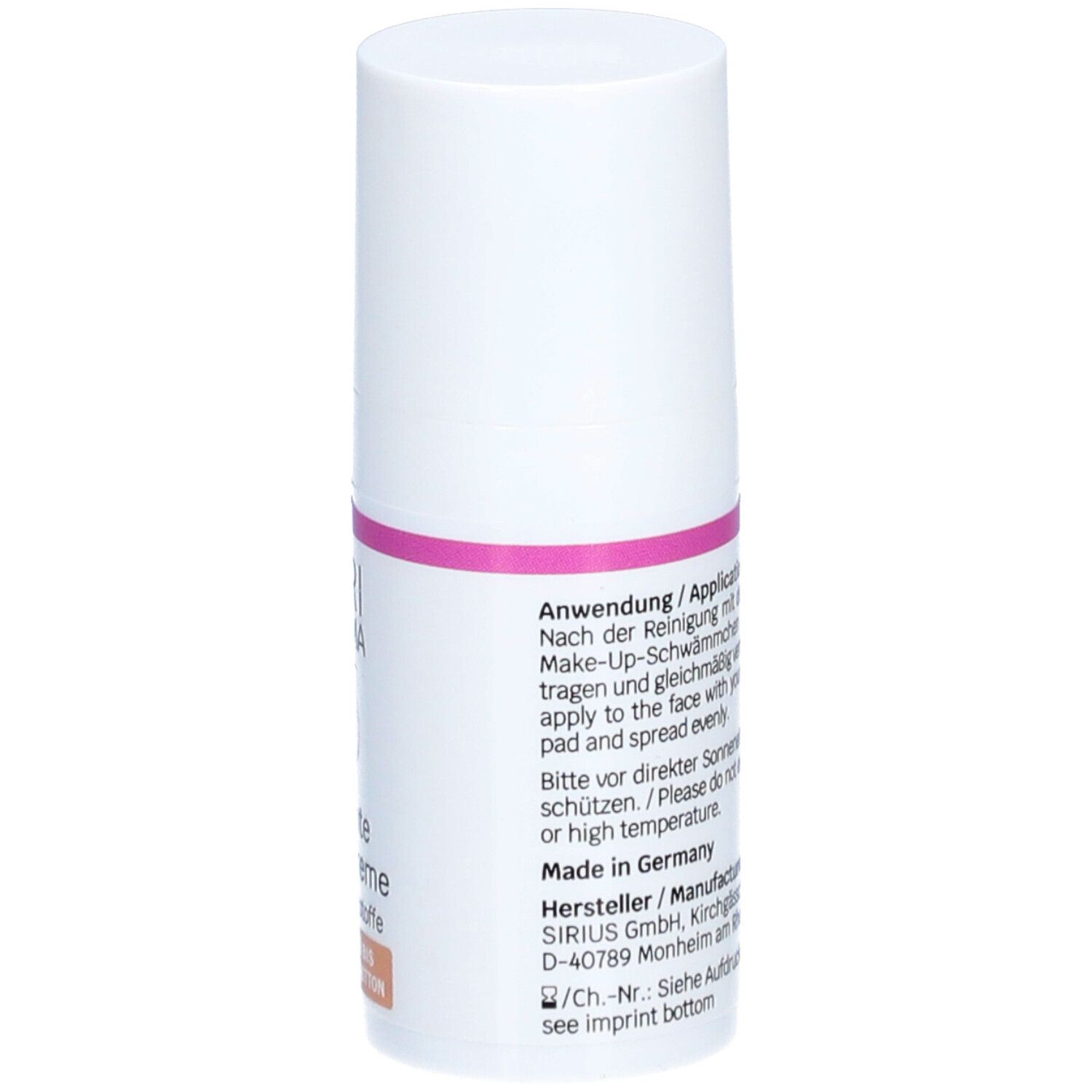 Weiße Flasche mit rosa Band. Rückseite mit Text, darunter Anwendungshinweise. Herstellerinformationen und 15ml.