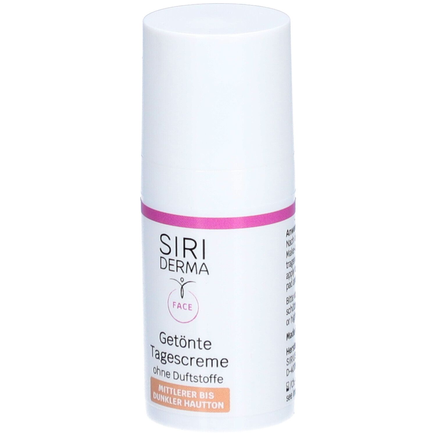 Weiße Flasche mit rosa Band. Aufschrift: SIRI DERMA FACE, Getönte Tagescreme, ohne Duftstoffe. Für mittlere bis dunkle Haut.