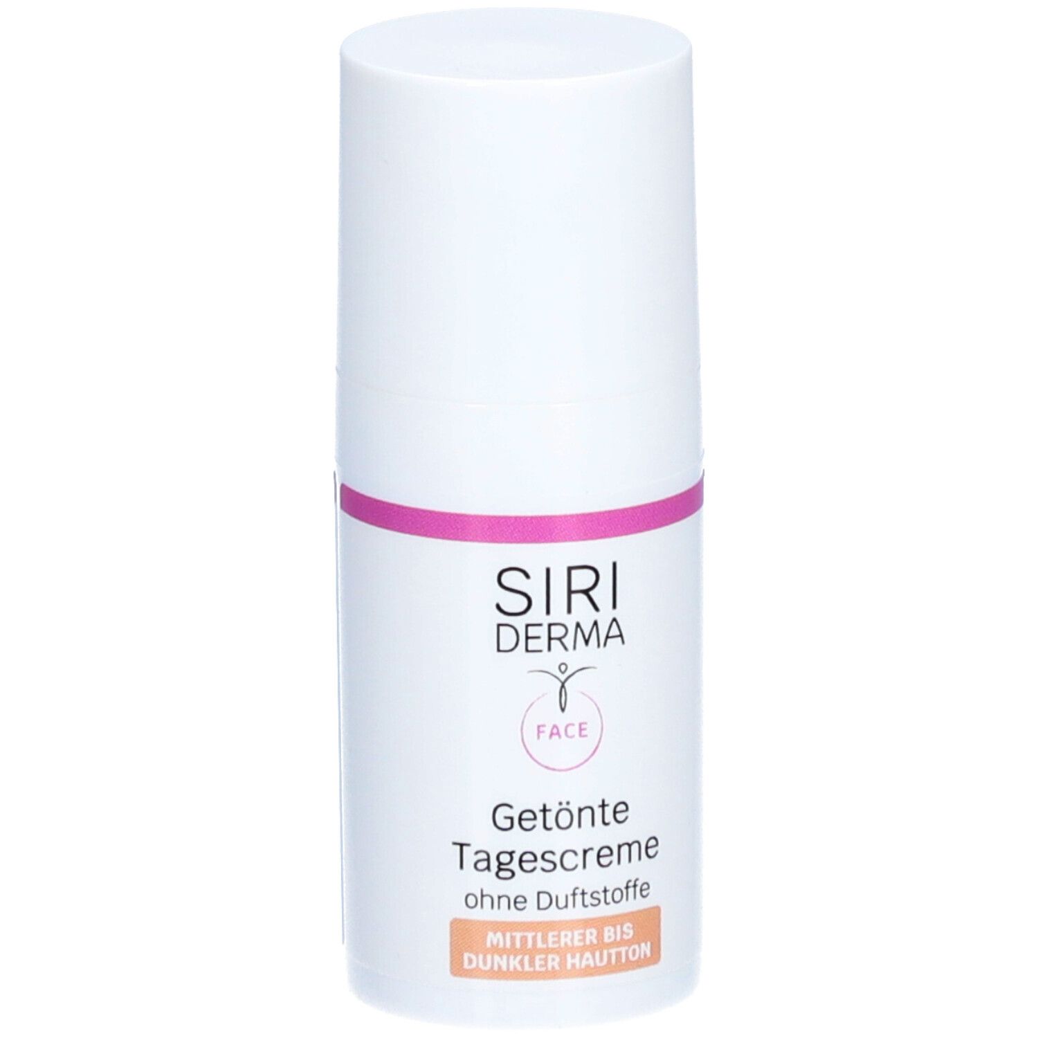 Weiße Flasche mit rosa Band. Aufschrift: SIRI DERMA FACE, Getönte Tagescreme, ohne Duftstoffe. Für mittlere bis dunkle Haut.