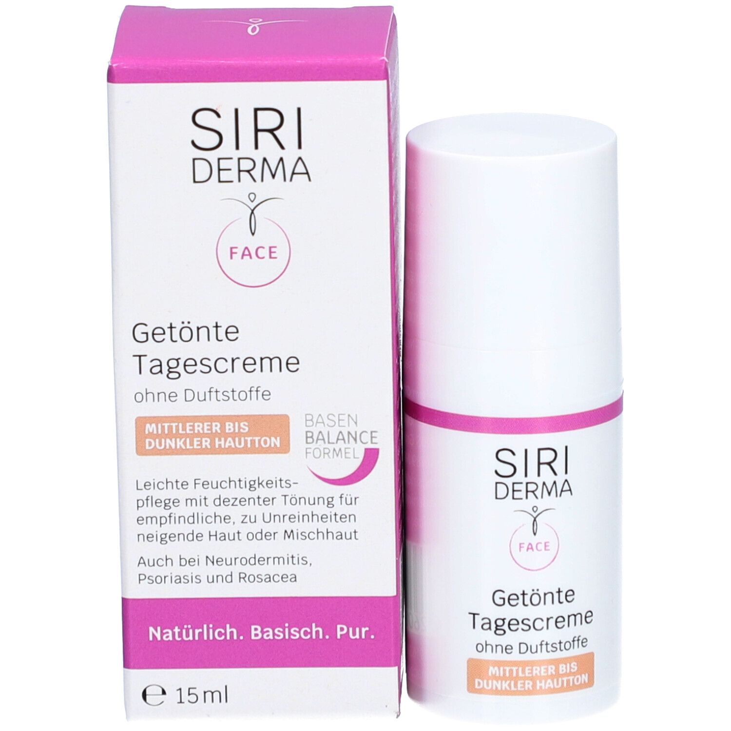 Produkt und Verpackung. Weiße Flasche und Karton. Aufschrift: SIRI DERMA FACE, Getönte Tagescreme, ohne Duftstoffe. 15ml.