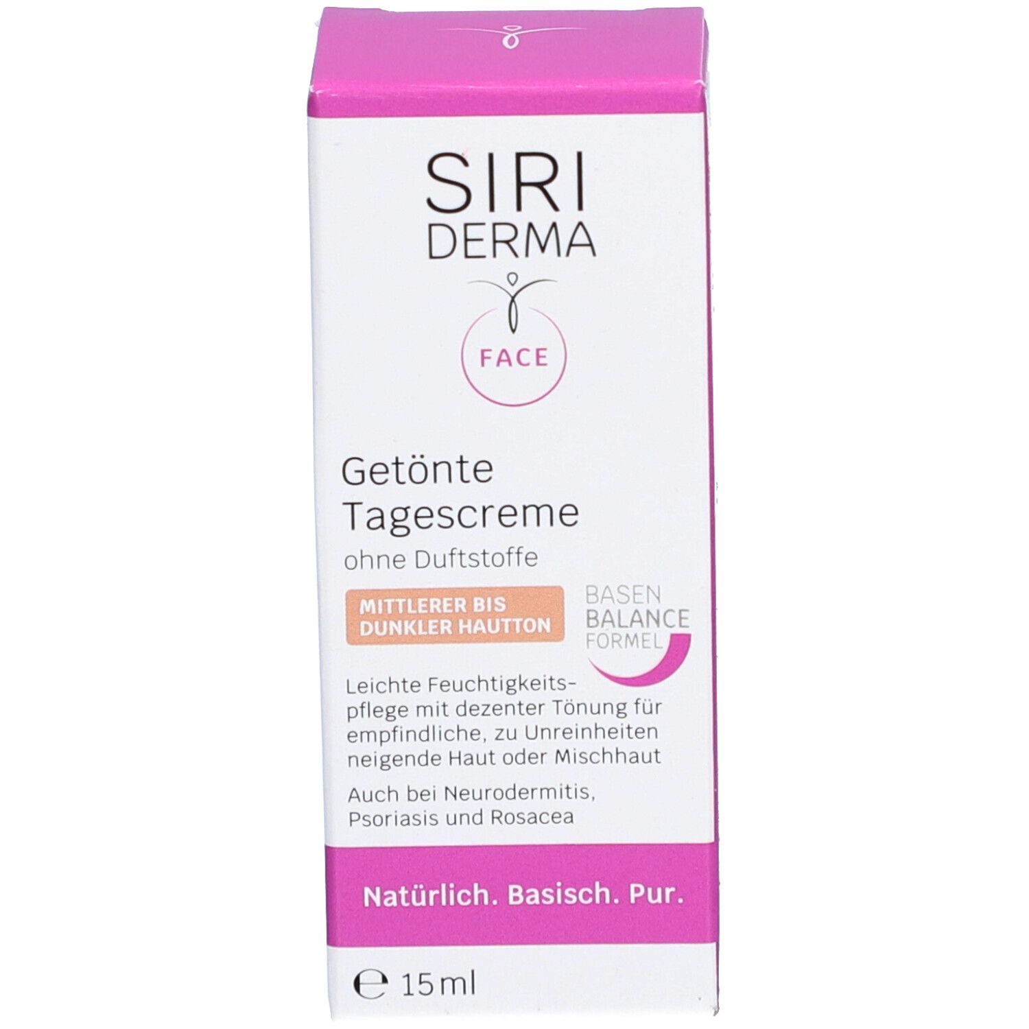 Kartonverpackung. Aufschrift: SIRI DERMA FACE, Getönte Tagescreme, ohne Duftstoffe. Für mittlere bis dunkle Haut. 15ml.