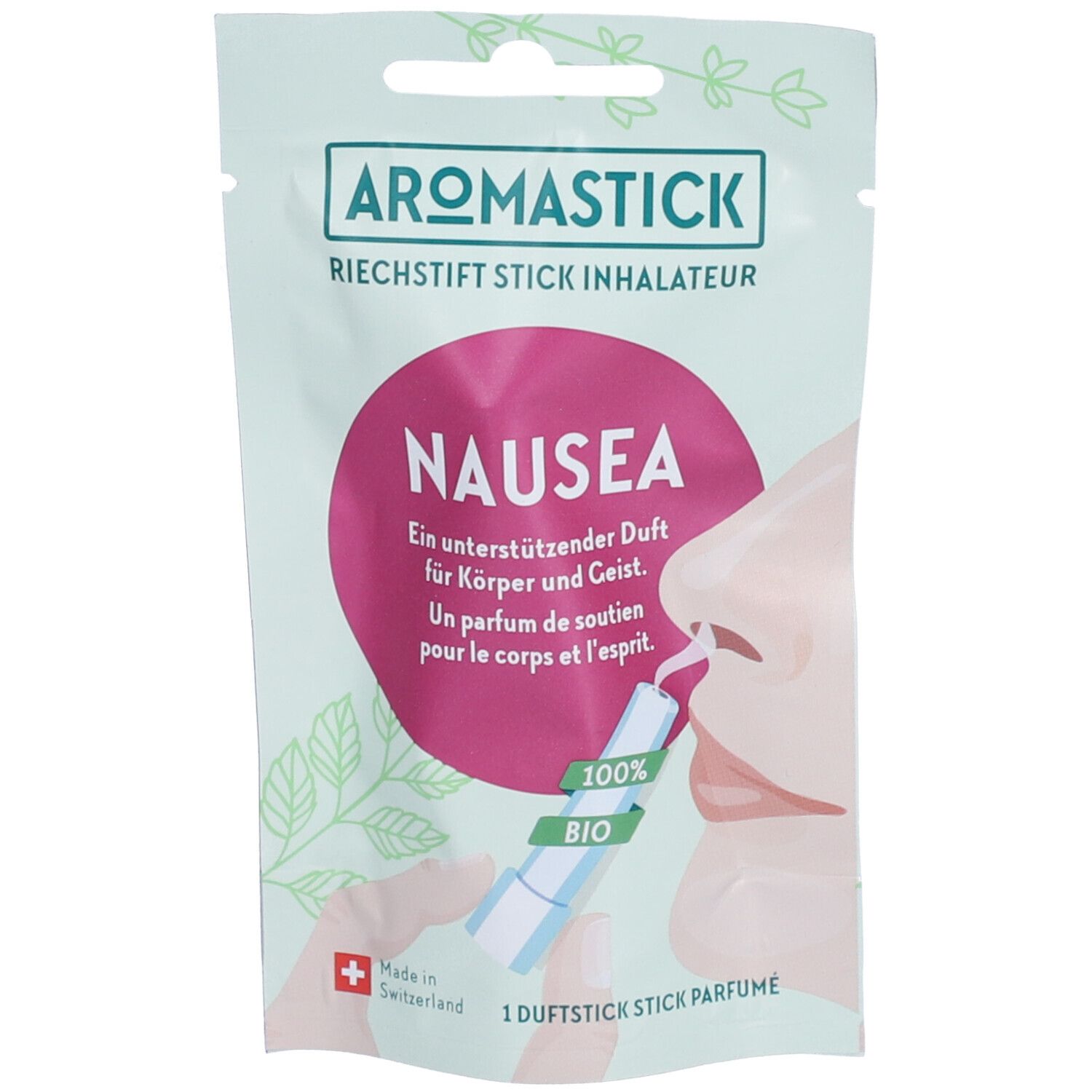 Verpackung mit Produktnamen AROMASTICK NAUSEA. Inhalationsstift wird an Nase gehalten. Text: 100% BIO.