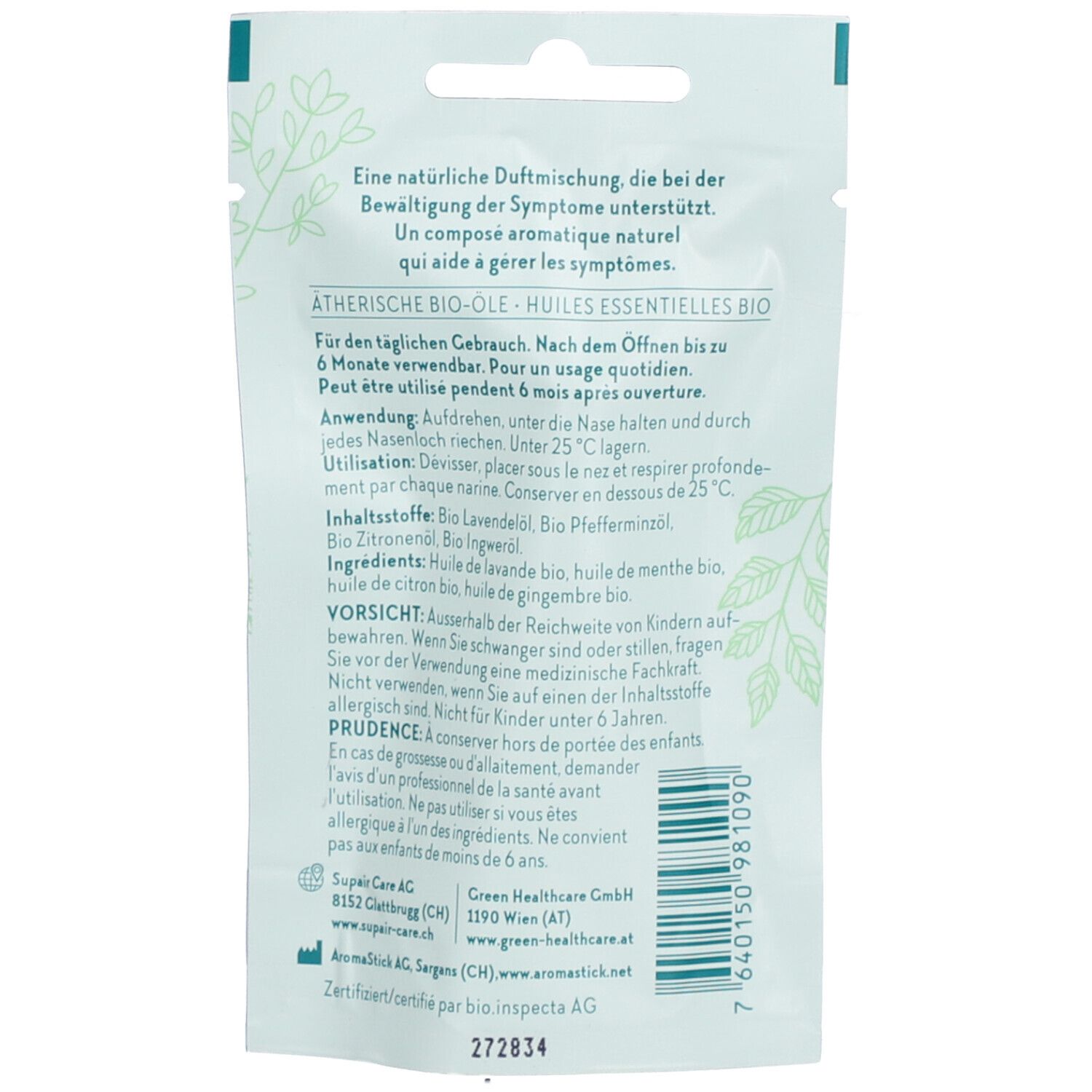 Rückseite der Verpackung. Text mit Inhaltsstoffen, Anwendung und Vorsichtshinweisen. Logo: Green Healthcare.