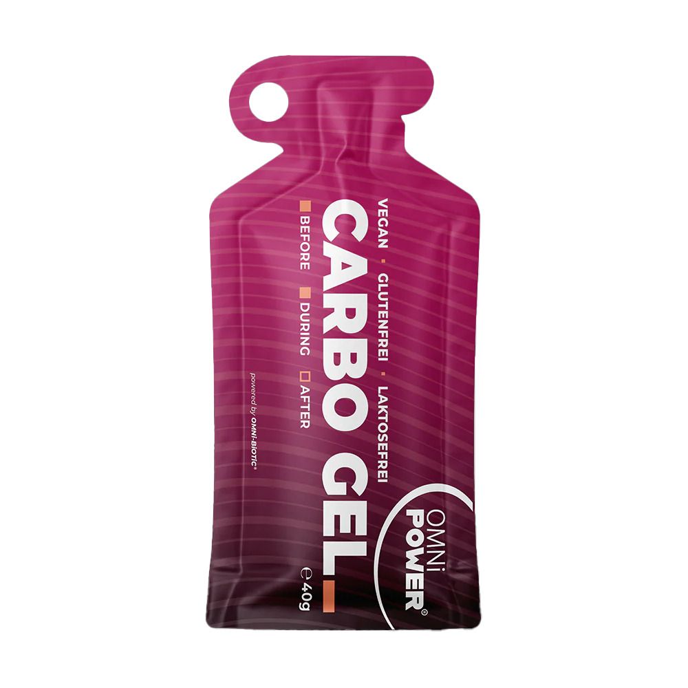 Gelpackung mit "CARBO GEL"-Aufdruck. "OMNi-POWER"-Logo. Vegan, glutenfrei, laktosefrei.