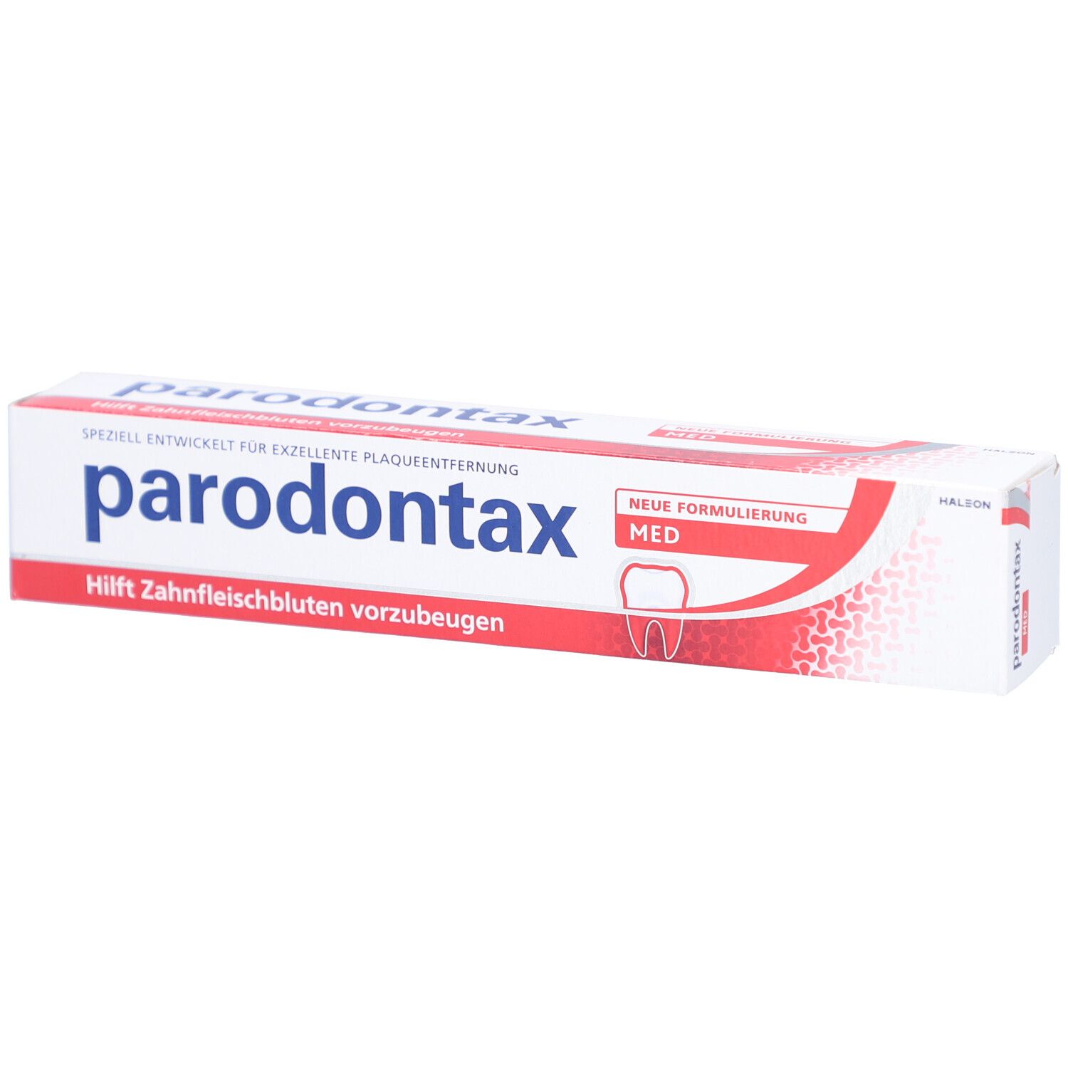 Zahncreme-Tube und -Verpackung. Weiß, rot und blau. Schriftzug Parodontax. Hilft Zahnfleischbluten vorzubeugen.
