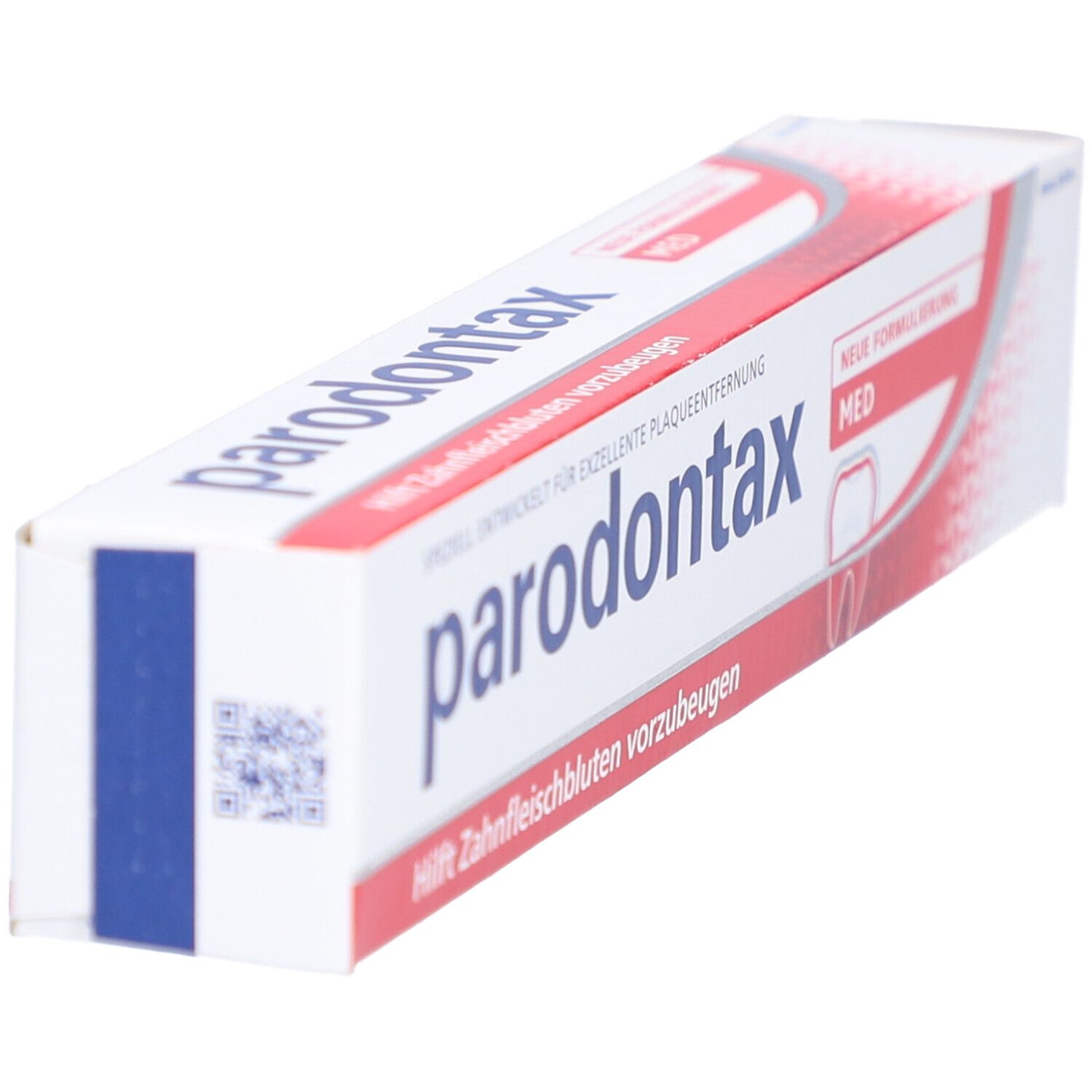 Zahncreme-Verpackung. Weiß mit roter und blauer Schrift. Schriftzug Parodontax. Hilft Zahnfleischbluten vorzubeugen.