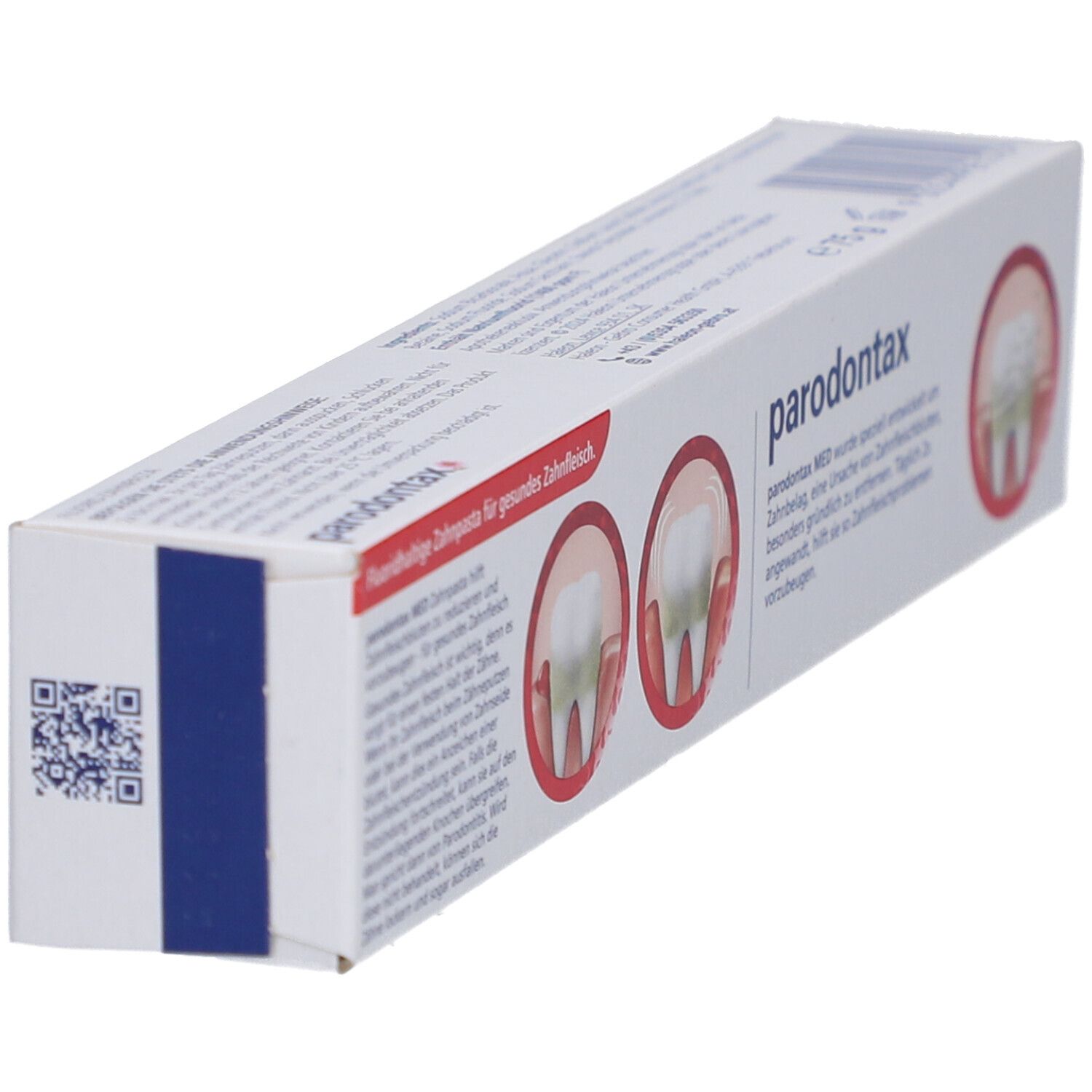 Zahncreme-Verpackung. Weiß mit roter Schrift. Schriftzug Parodontax. Illustrationen von Zähnen. Text über Zahnfleischgesundheit.