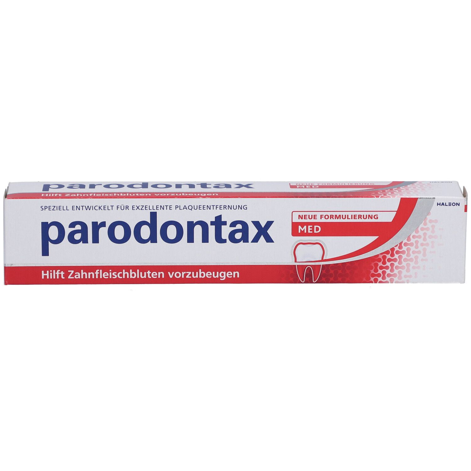 Zahncreme-Tube und -Verpackung. Weiß, rot und blau. Schriftzug Parodontax. Hilft Zahnfleischbluten vorzubeugen.