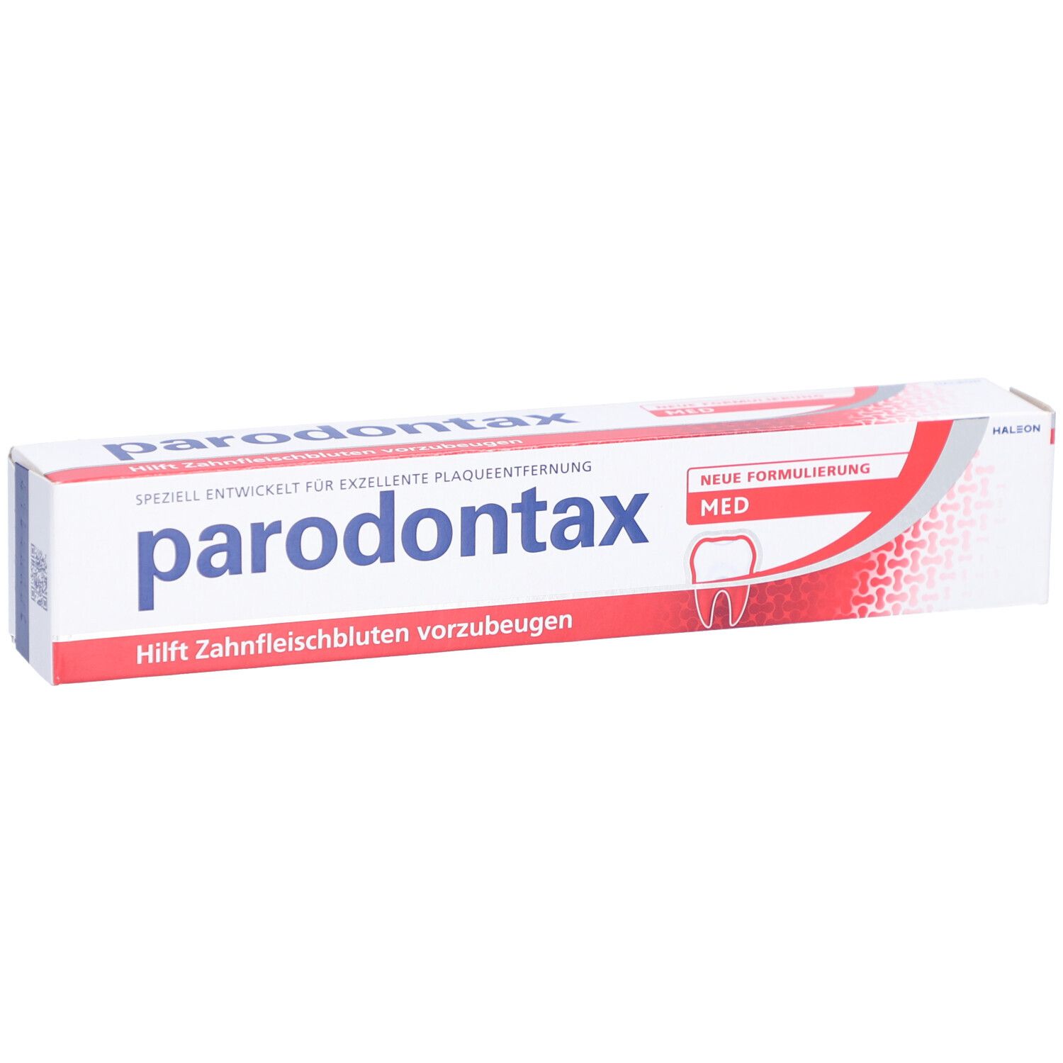 Zahncreme-Tube und -Verpackung. Weiß, rot und blau. Schriftzug Parodontax. Hilft Zahnfleischbluten vorzubeugen.