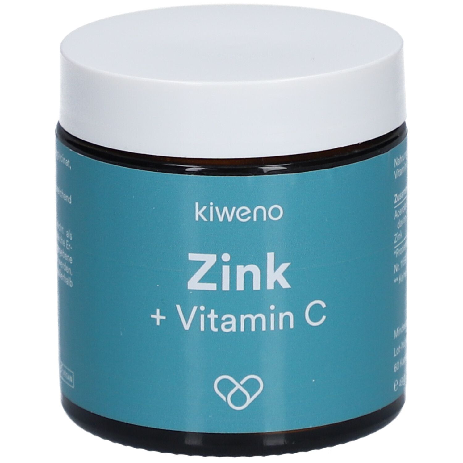 Runde Dose mit weißem Deckel. Aufschrift: kiweno Zink + Vitamin C. Türkisfarbener Hintergrund.