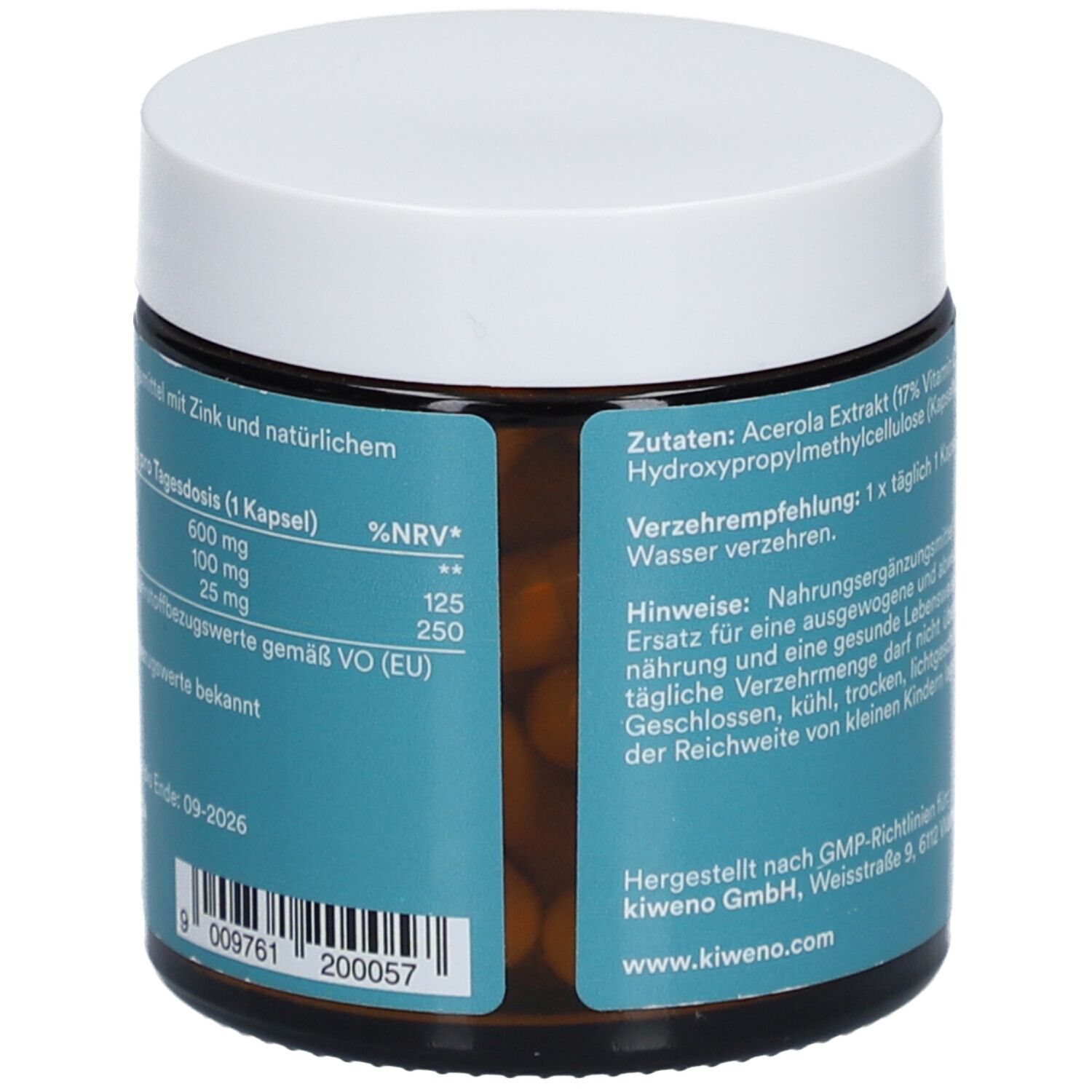 Dose mit braunen Kapseln. Text: Zutaten, Nährwerttabelle, Mindesthaltbarkeit.