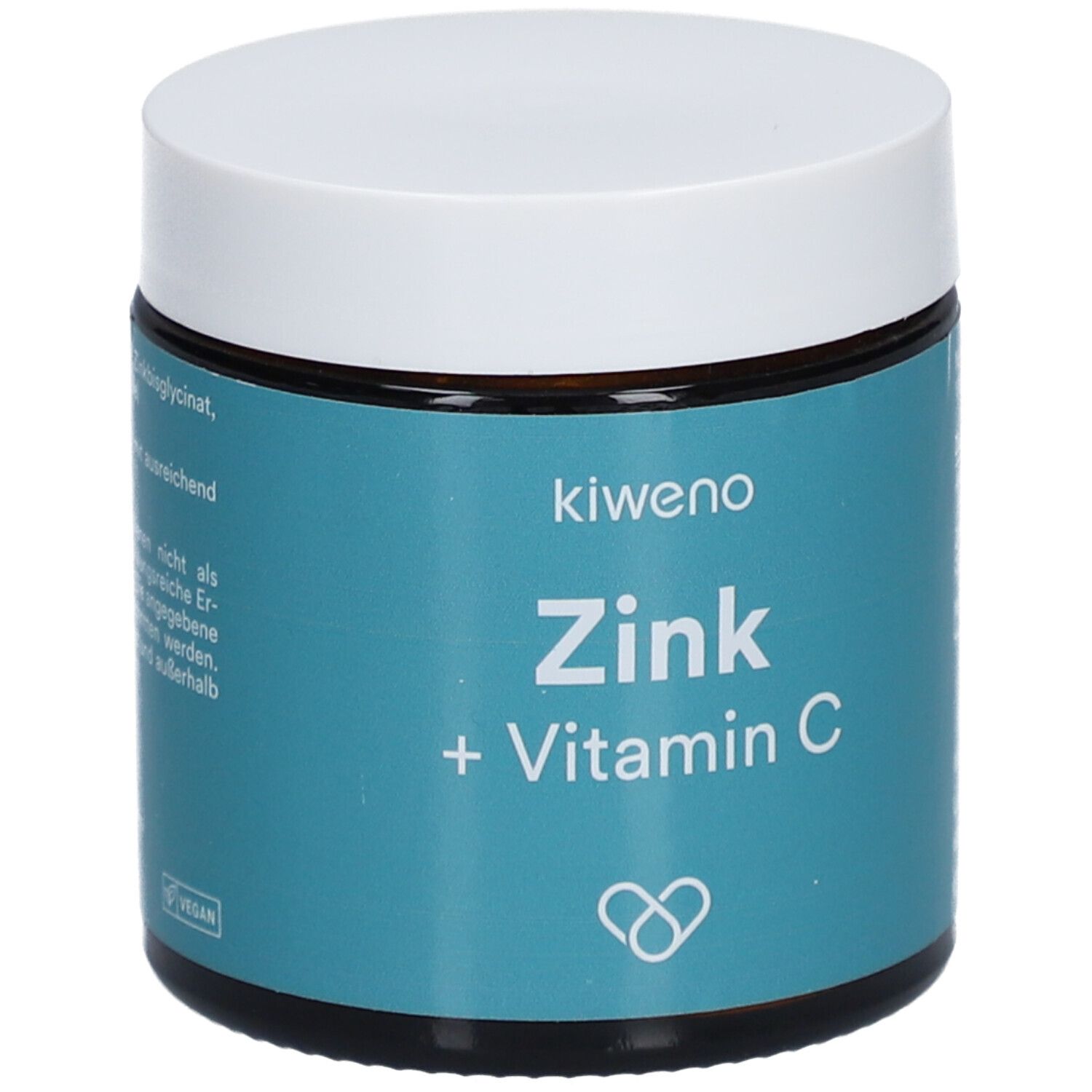 Runde Dose mit weißem Deckel. Aufschrift: kiweno Zink + Vitamin C. Türkisfarbener Hintergrund.