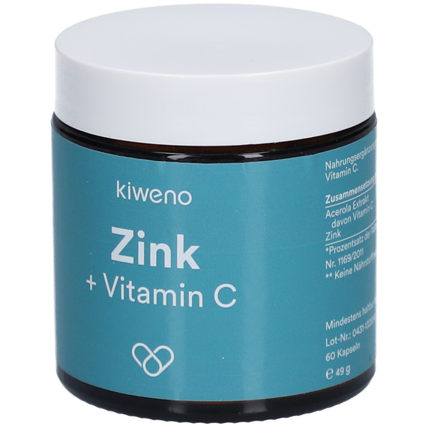 Dose mit weißem Deckel. Aufschrift: kiweno Zink + Vitamin C. 60 Kapseln, 49 g.