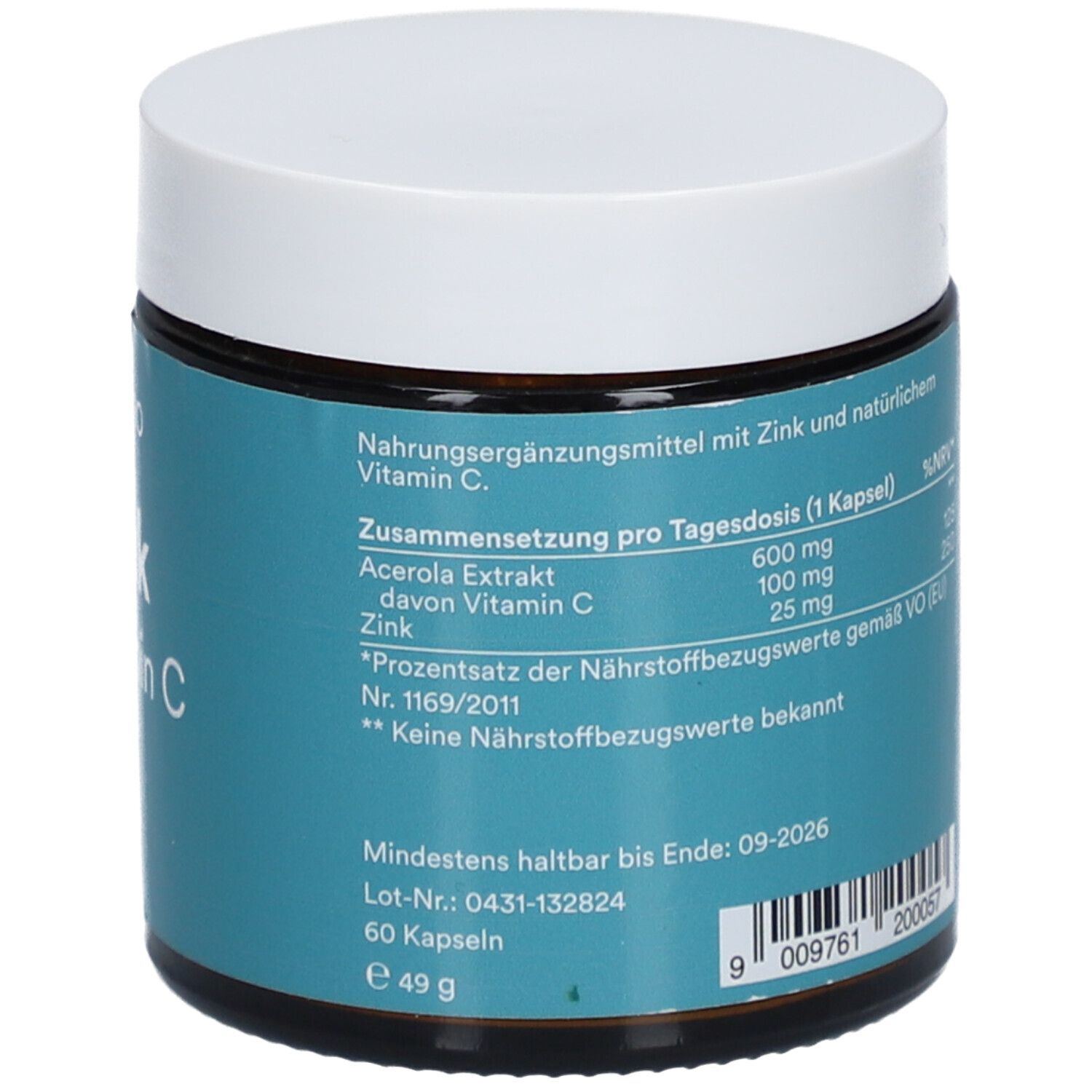 Dose mit weißem Deckel. Text: Zusammensetzung, Mindesthaltbarkeit bis Ende 09-2026. 60 Kapseln, 49 g.