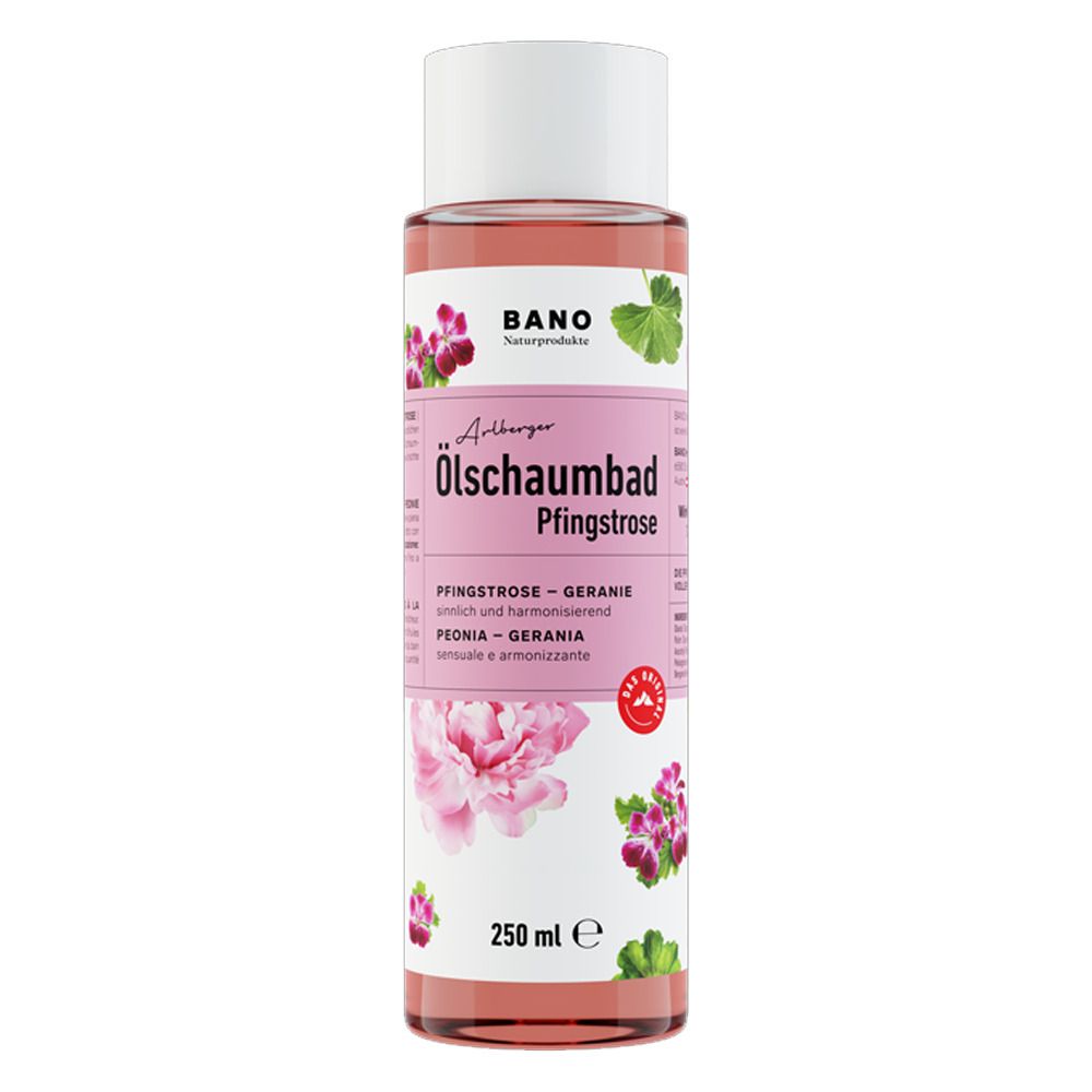 Flasche Arlberger Ölschaumbad Pfingstrose. Rosa Flüssigkeit, weißer Deckel. BANO Naturprodukte Logo.