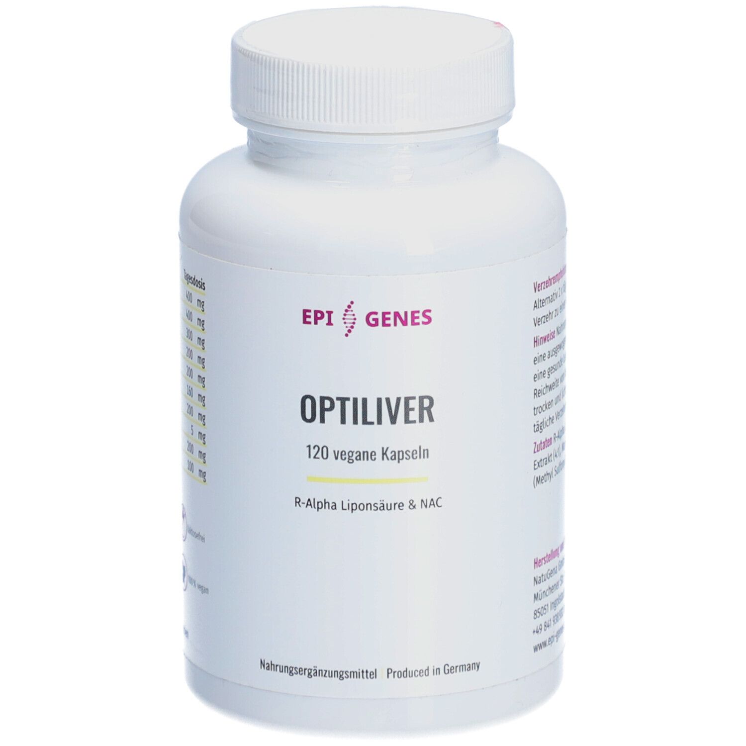 Weiße Flasche mit OPTILIVER-Etikett. Enthält 120 vegane Kapseln. R-Alpha Liponsäure & NAC.