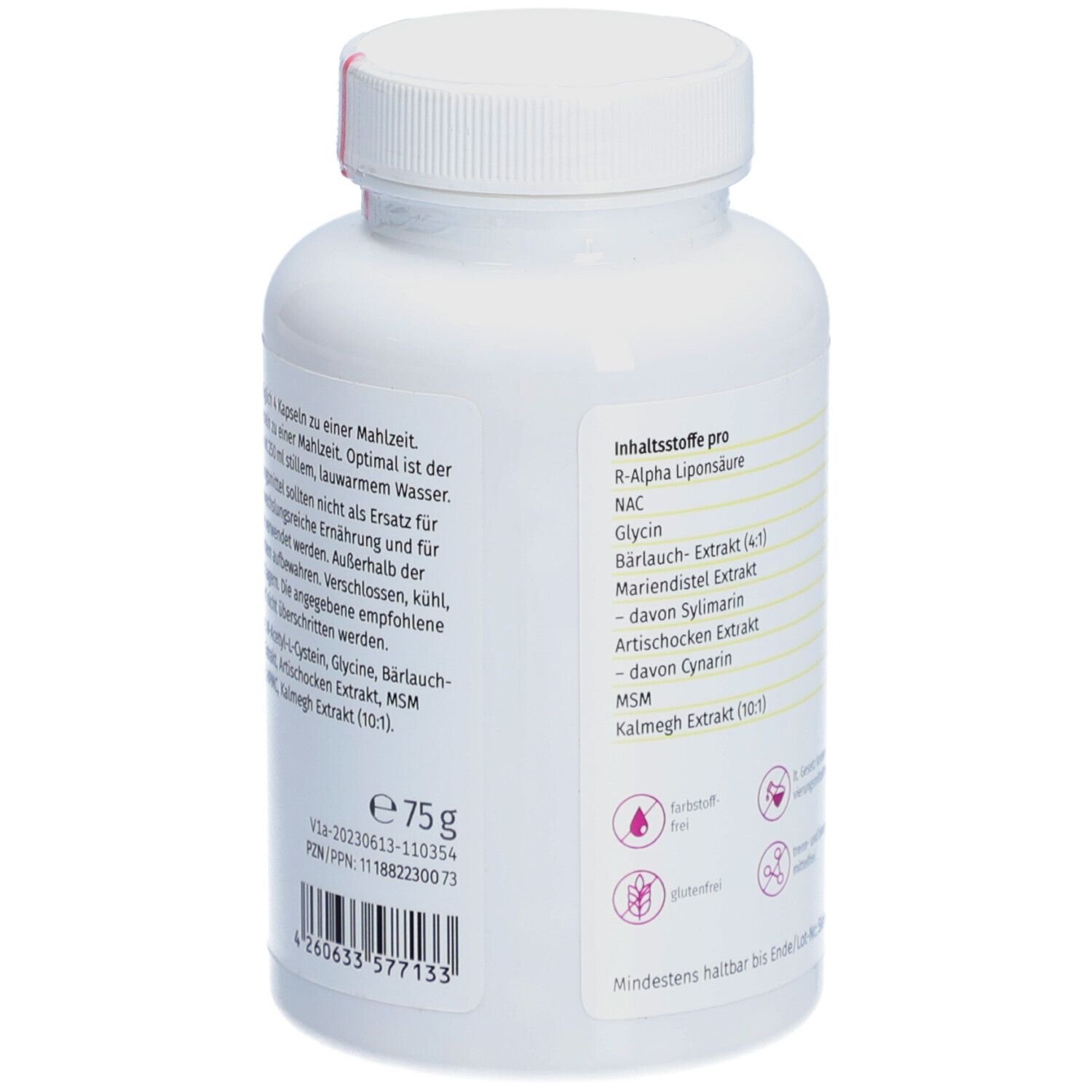 Rückansicht der weißen Flasche. Enthält Informationen zu Inhaltsstoffen und Gewicht. E75g.