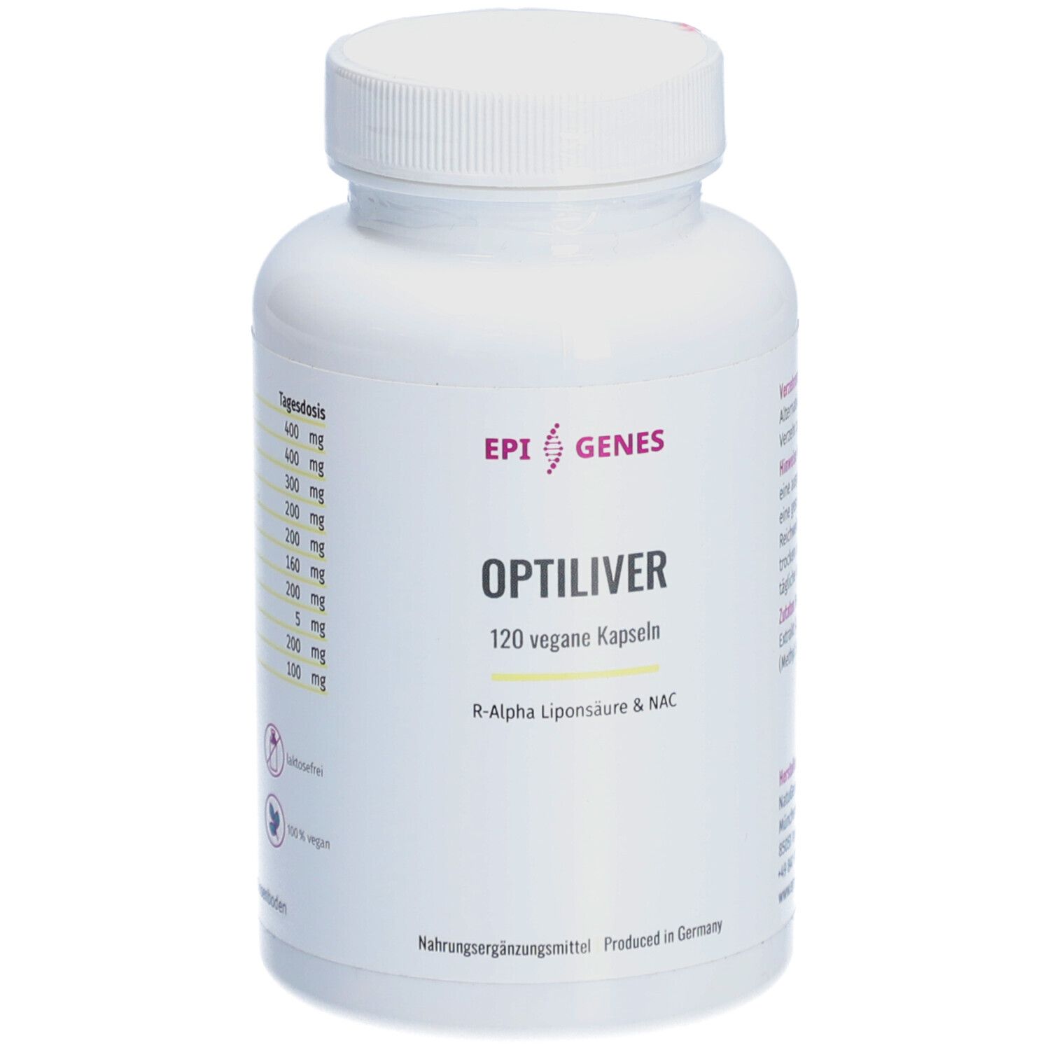 Weiße Flasche mit OPTILIVER-Etikett. Enthält 120 vegane Kapseln. R-Alpha Liponsäure & NAC.