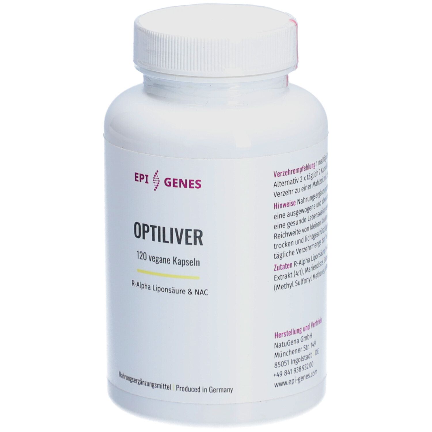 Weiße Flasche mit OPTILIVER-Etikett. Enthält 120 vegane Kapseln. R-Alpha Liponsäure & NAC.