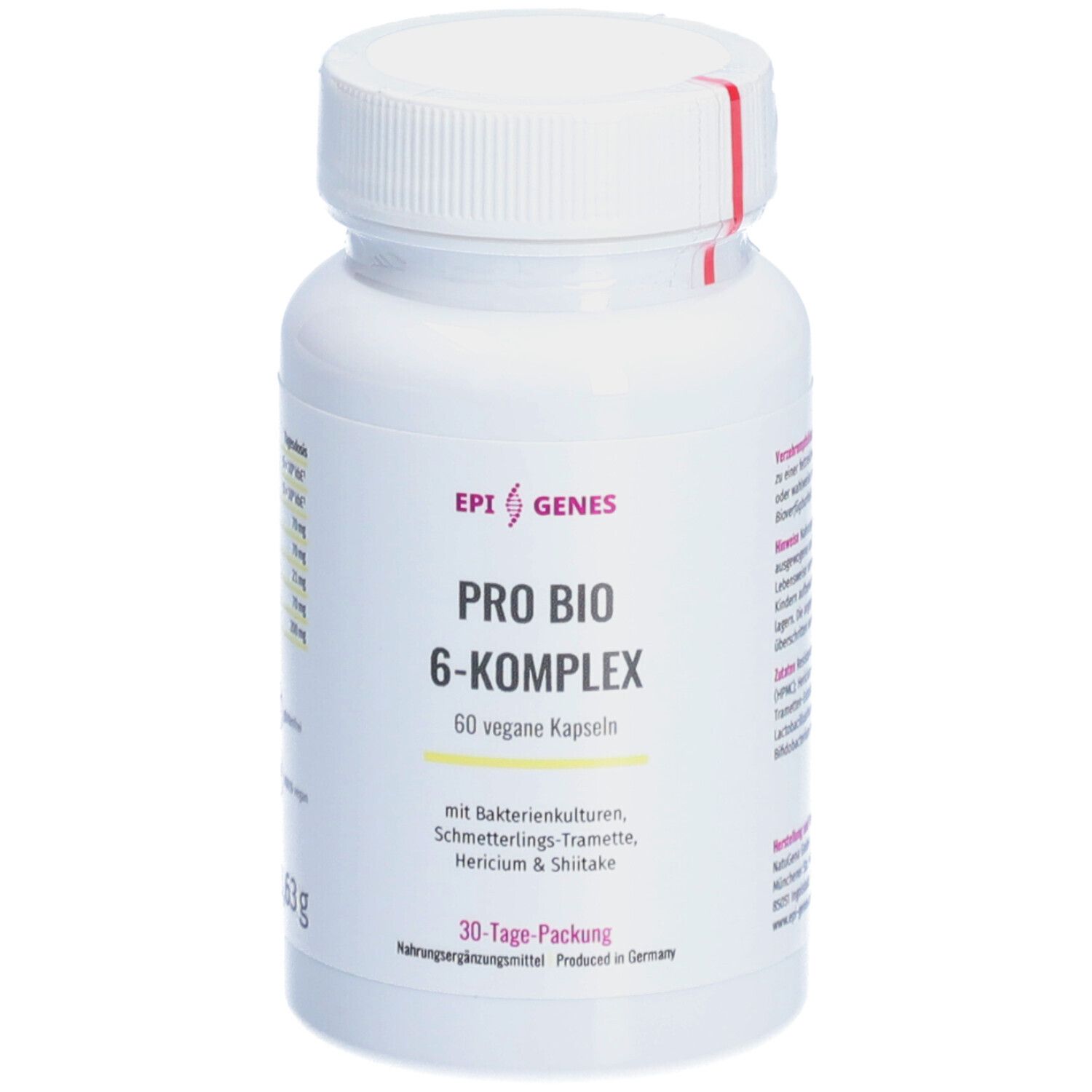 Weiße Flasche mit Kapseln. Aufschrift: PRO BIO 6-KOMPLEX, 60 vegane Kapseln. Mit Bakterienkulturen, Hericium & Shiitake. 30-Tage-Packung.