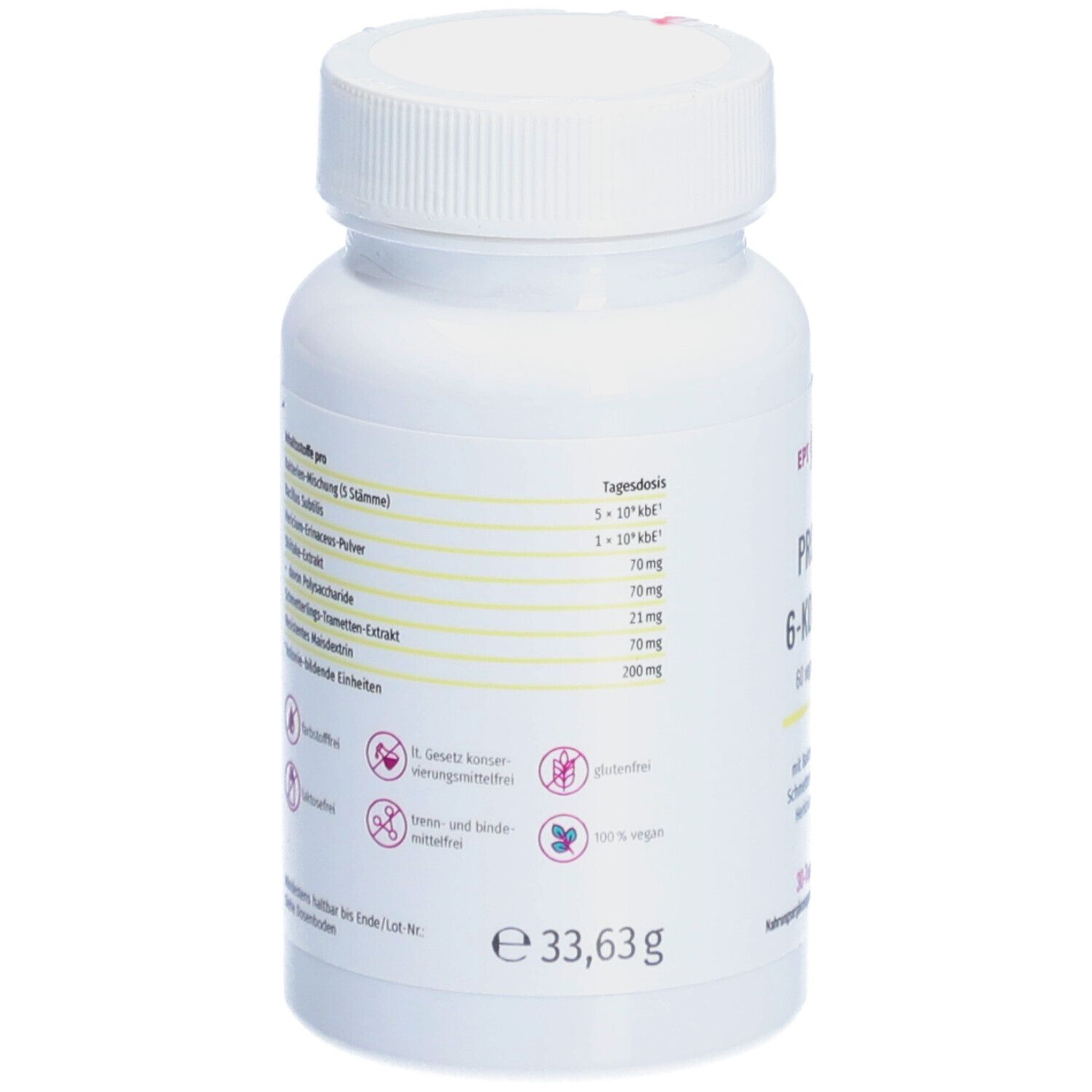 Rückseite einer weißen Flasche mit Kapseln. Aufschrift: PRO BIO 6-KOMPLEX. Inhaltsstoffe und Nährwertangaben. Vegan, glutenfrei, laktosefrei.