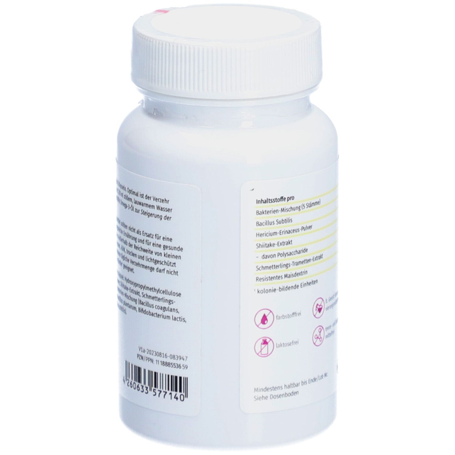Rückseite einer weißen Flasche mit Kapseln. Aufschrift: PRO BIO 6-KOMPLEX. Inhaltsstoffe pro Tagesdosis. Vegan, glutenfrei, laktosefrei.