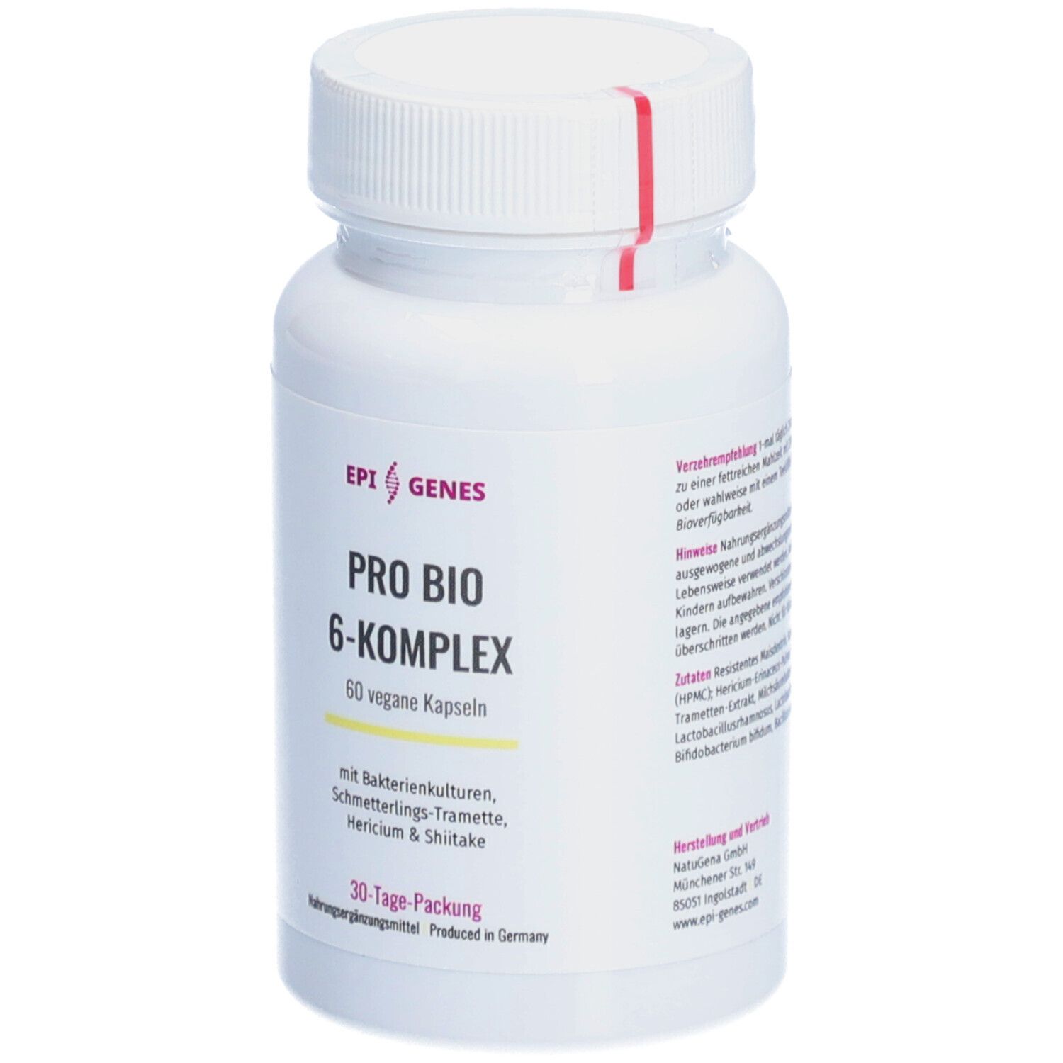 Weiße Flasche mit Kapseln. Aufschrift: PRO BIO 6-KOMPLEX, 60 vegane Kapseln. Mit Bakterienkulturen, Hericium & Shiitake. 30-Tage-Packung.