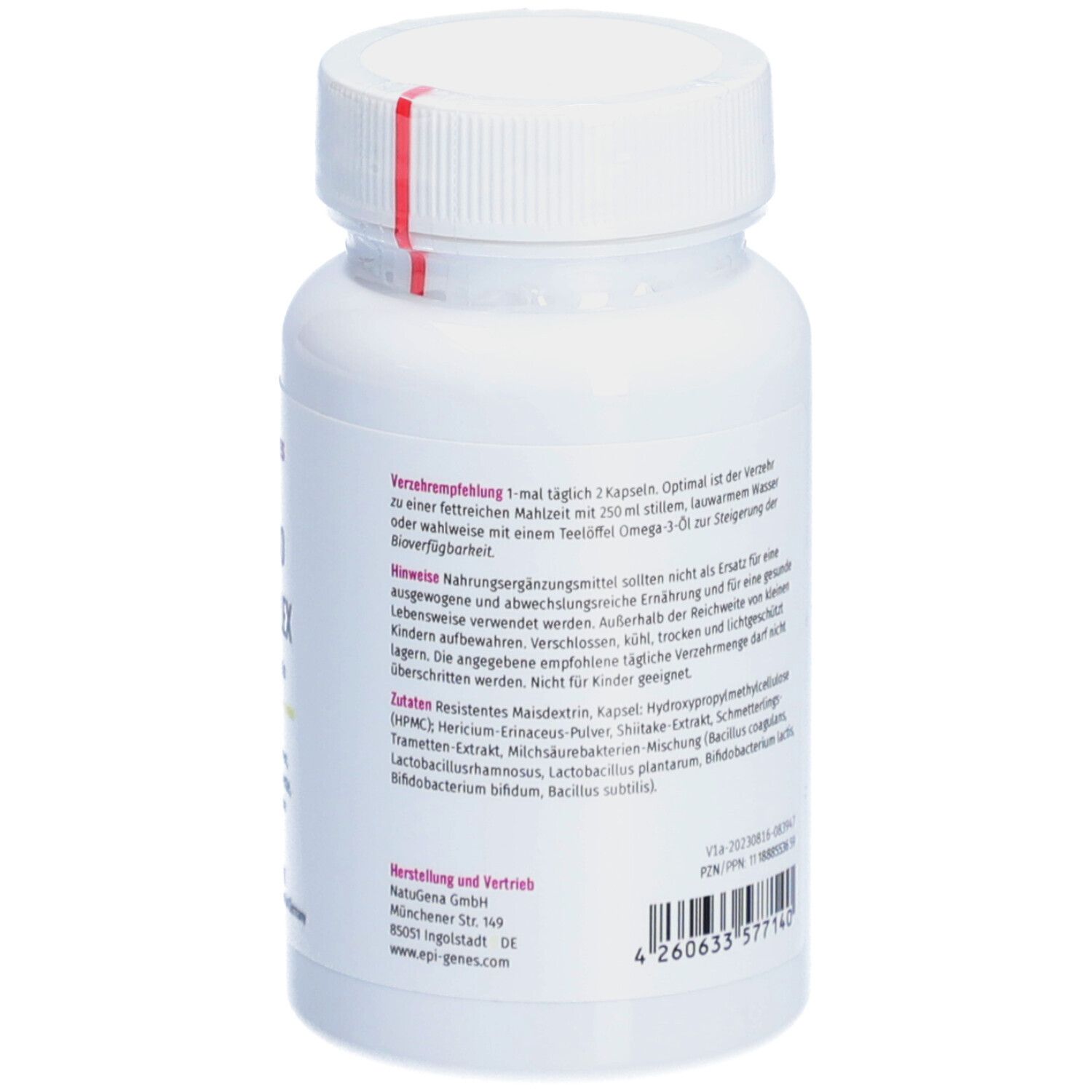 Rückseite einer weißen Flasche mit Kapseln. Aufschrift: PRO BIO 6-KOMPLEX. Verzehrempfehlung und Zutatenliste. Vegan, glutenfrei, laktosefrei.