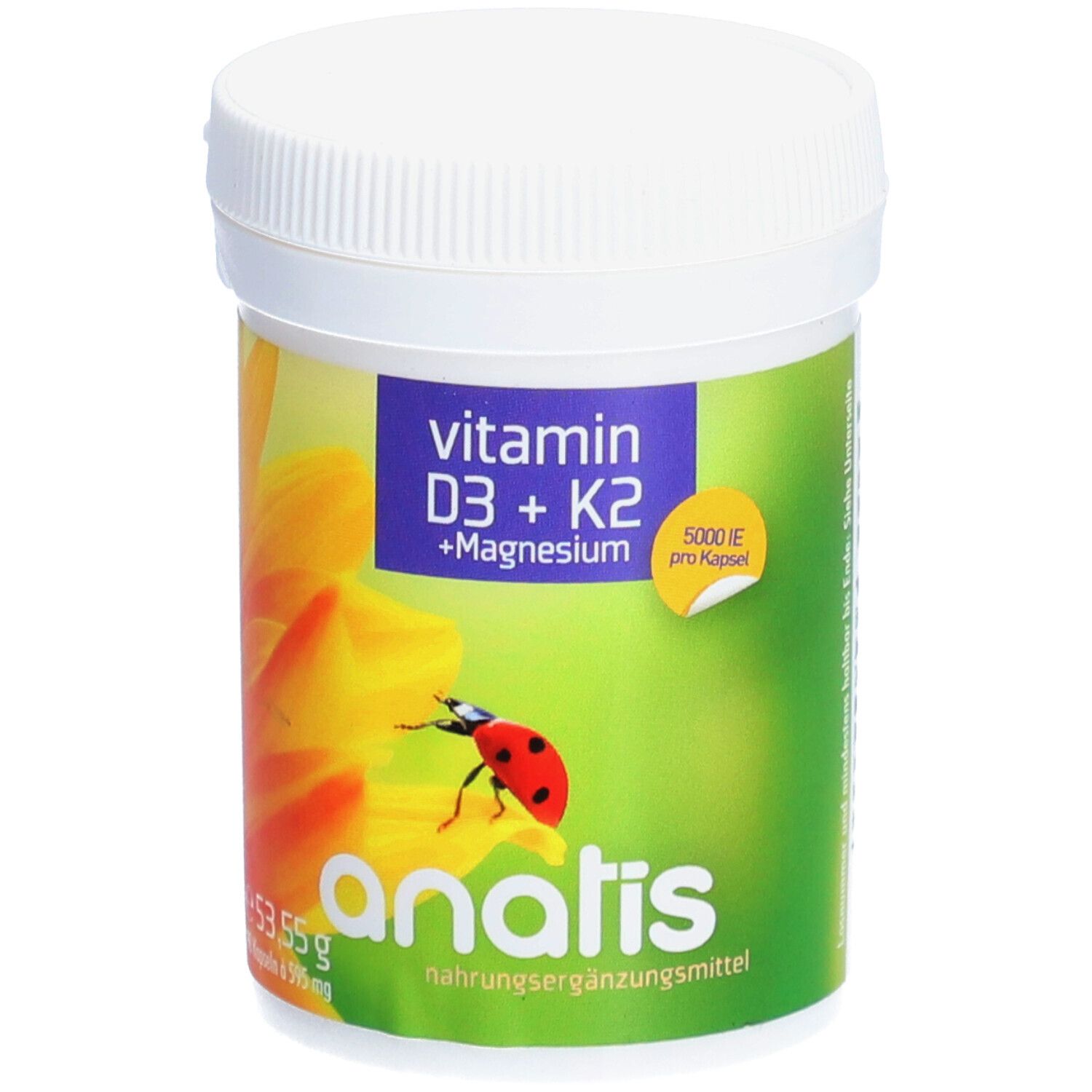 Weißes, zylindrisches Behältnis mit Deckel. Aufkleber mit Produktnamen, Inhaltsstoffen und einem Marienkäfer auf einer Blume. Marke: anatis.