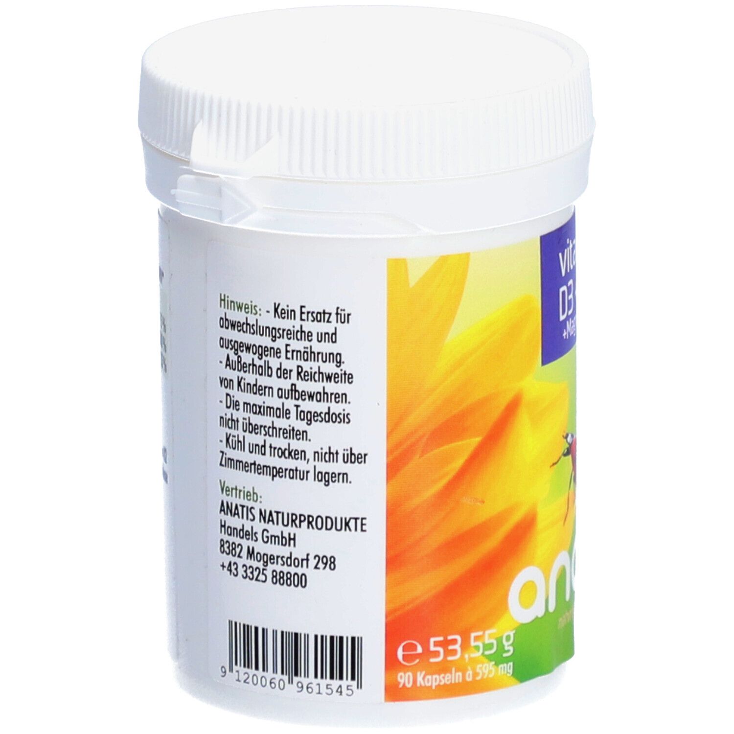 Weißes, zylindrisches Behältnis mit Deckel. Aufkleber mit Produktinformationen und Sonnenblumenmotiv. Marke: anatis. Rückansicht.