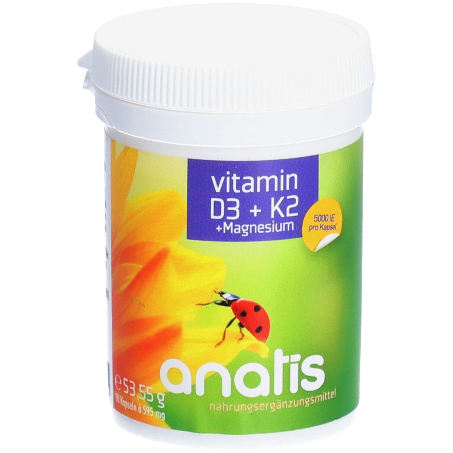 Weißes, zylindrisches Behältnis mit Deckel. Aufkleber mit Produktnamen, Inhaltsstoffen und Marienkäfer auf Blume. Marke: anatis.