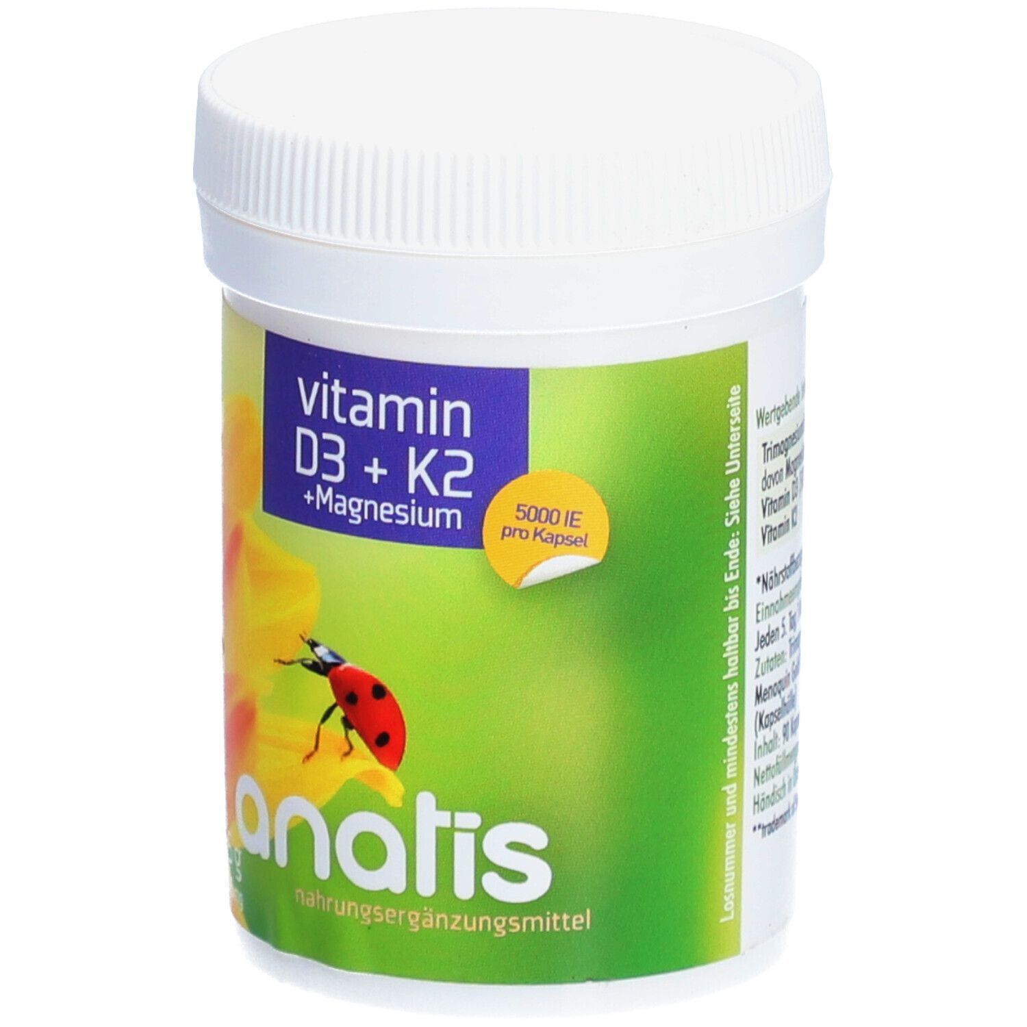 Weißes, zylindrisches Behältnis mit Deckel. Aufkleber mit Produktnamen, Inhaltsstoffen und Marienkäfer auf Blume. Marke: anatis.