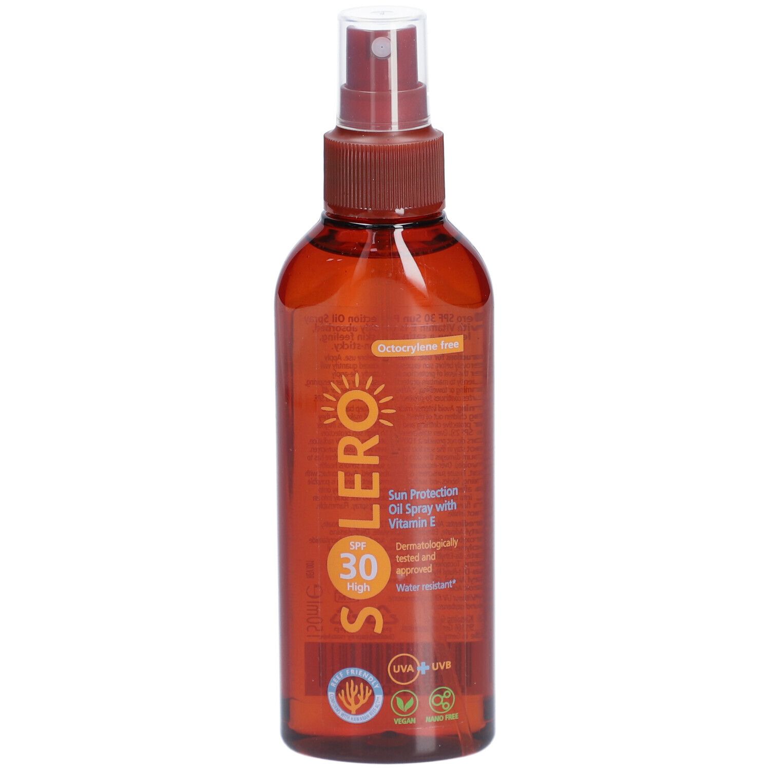 Solero Sonnenschutzspray SPF30. Braune Flasche mit Sprühkopf. Text: SPF 30, Sonnenschutzöl, Vitamin E.